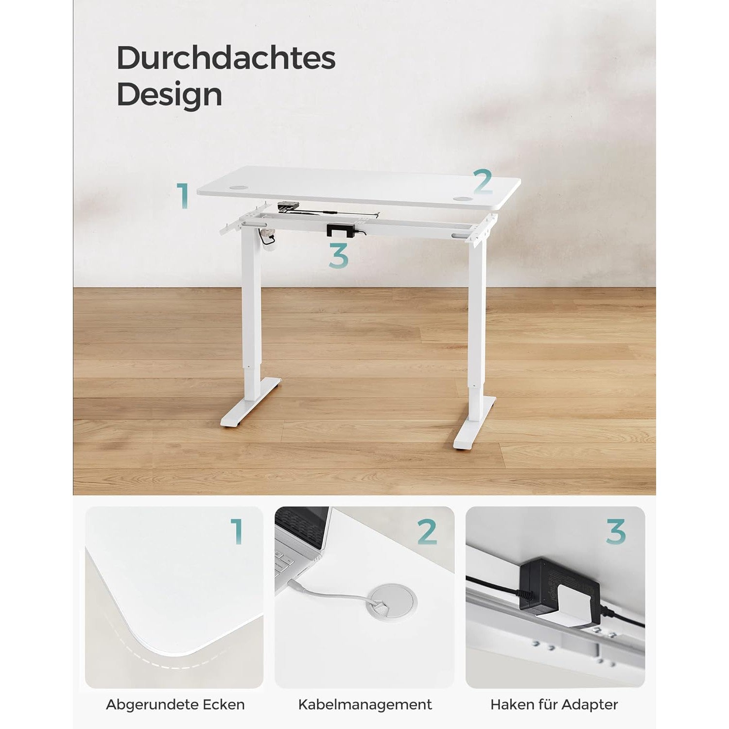 elektromos íróasztal, állítható magasságú, 120 x 60 cm, fehér-SONGMICS-Vita Home