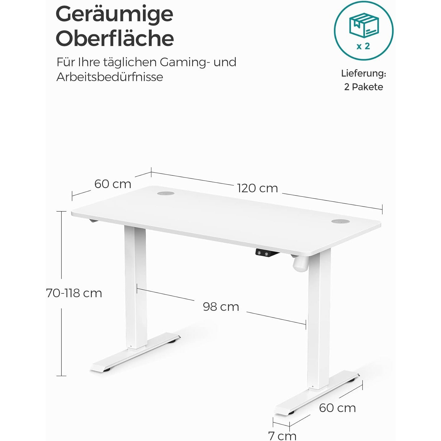 elektromos íróasztal, állítható magasságú, 120 x 60 cm, fehér-SONGMICS-Vita Home