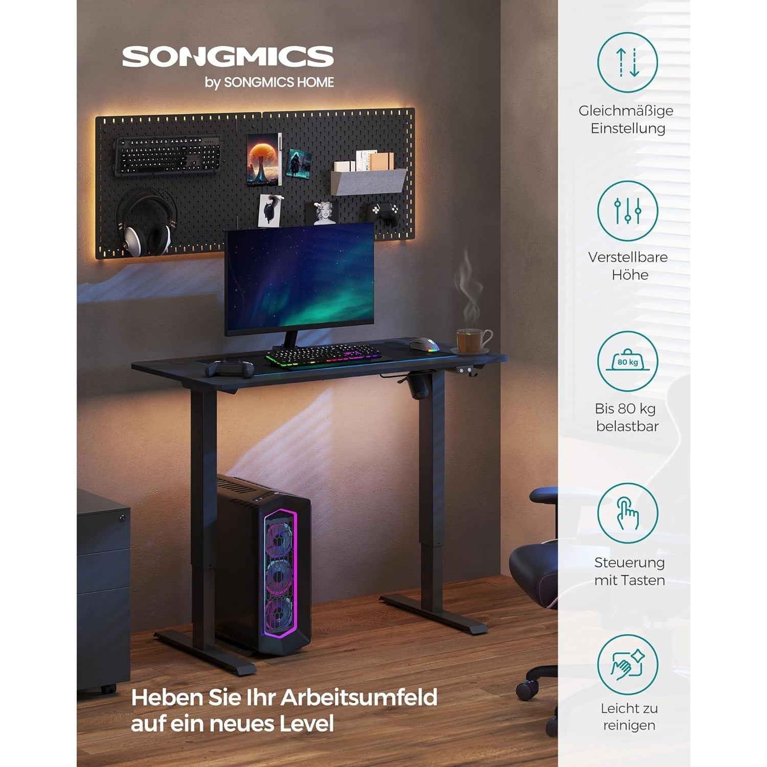 Elektromos íróasztal, magasságállítható, asztali állvány, motoros asztalváz, 120 x 60 x (73-114) cm, acél, fekete-SONGMICS-Vita Home