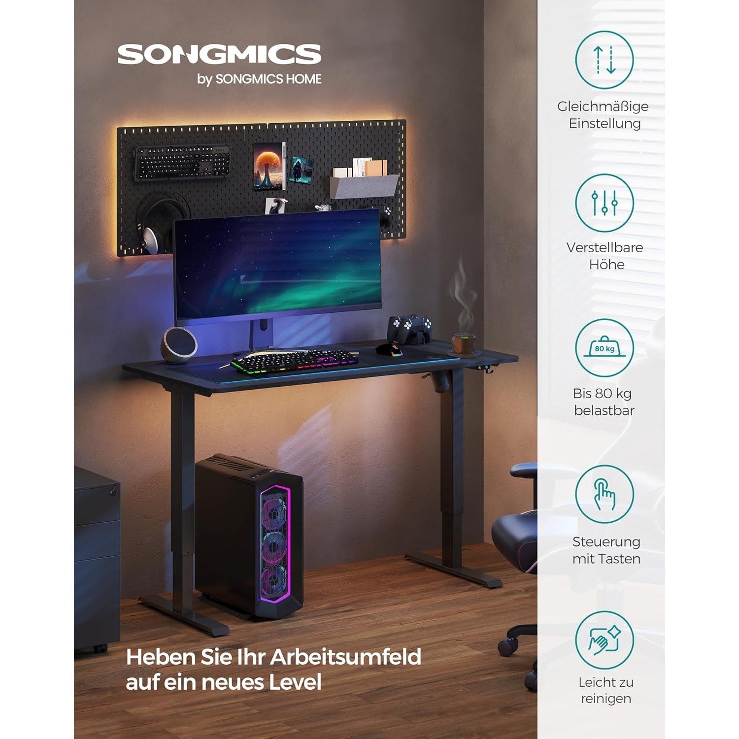 elektromosan állítható magasságú íróasztal, 70 x 140 x (73-114) cm, fekete-SONGMICS-Vita Home