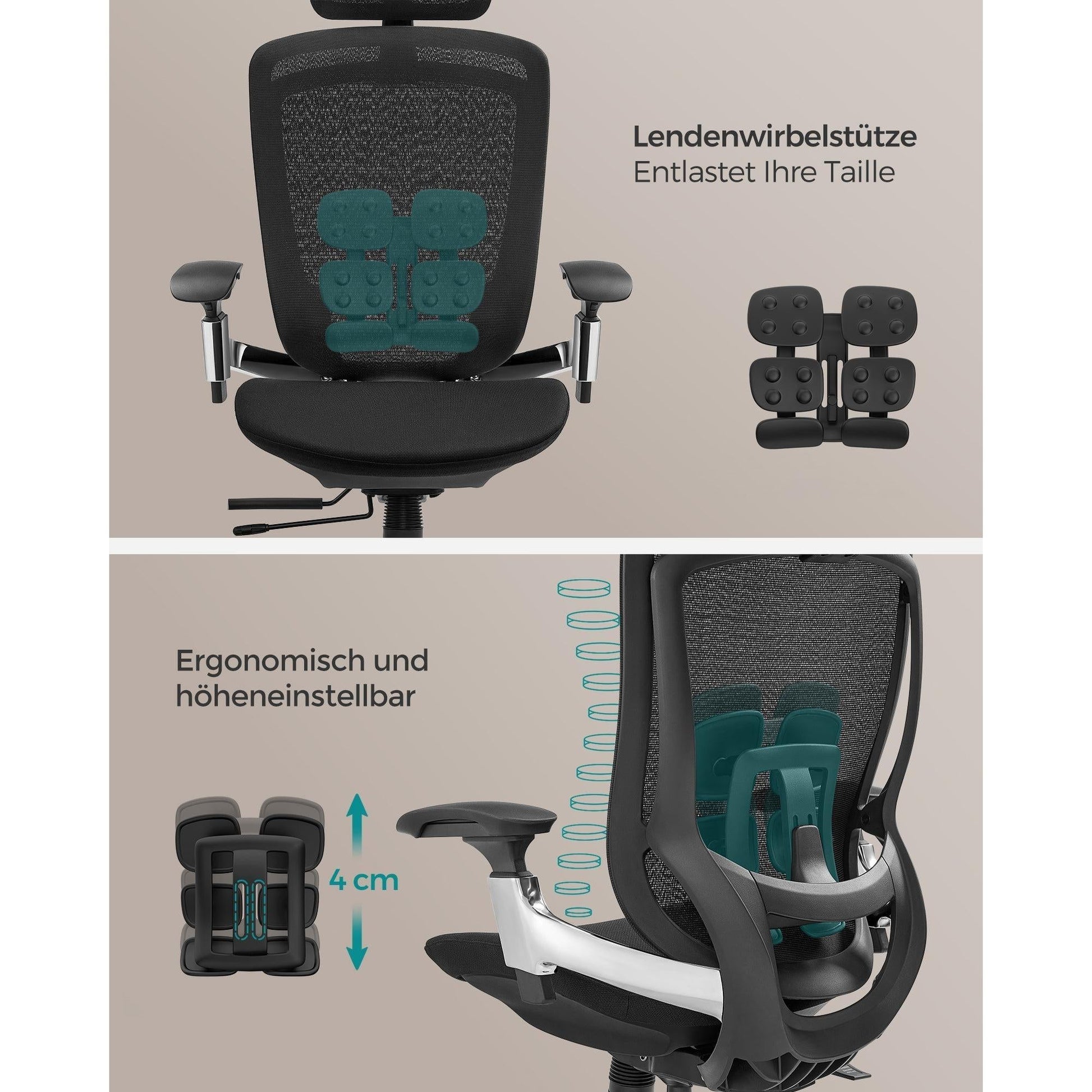 Ergonomikus, állítható, dönthető irodai szék, fekete-SONGMICS-Vita Home