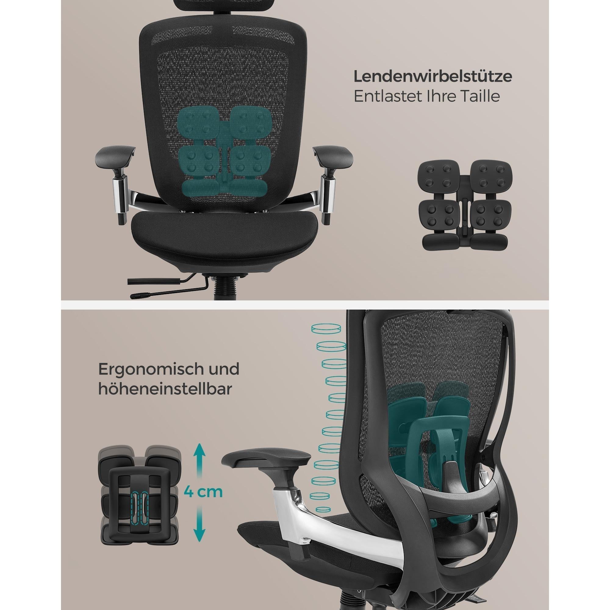 Ergonomikus, állítható, dönthető irodai szék, fekete-SONGMICS-Vita Home