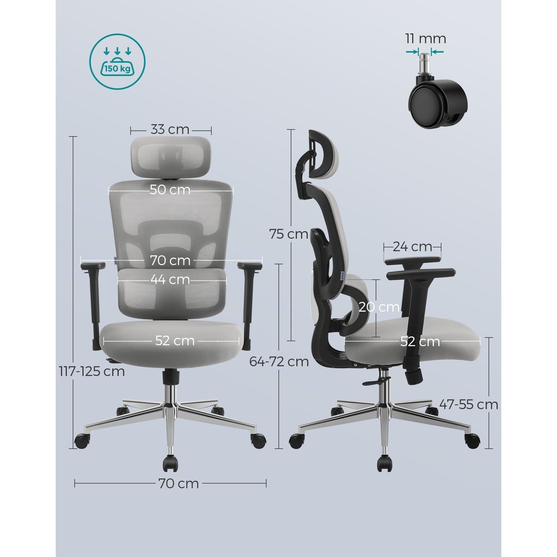 Ergonomikus irodai szék, állítható deréktámasszal, szürke-SONGMICS-Vita Home