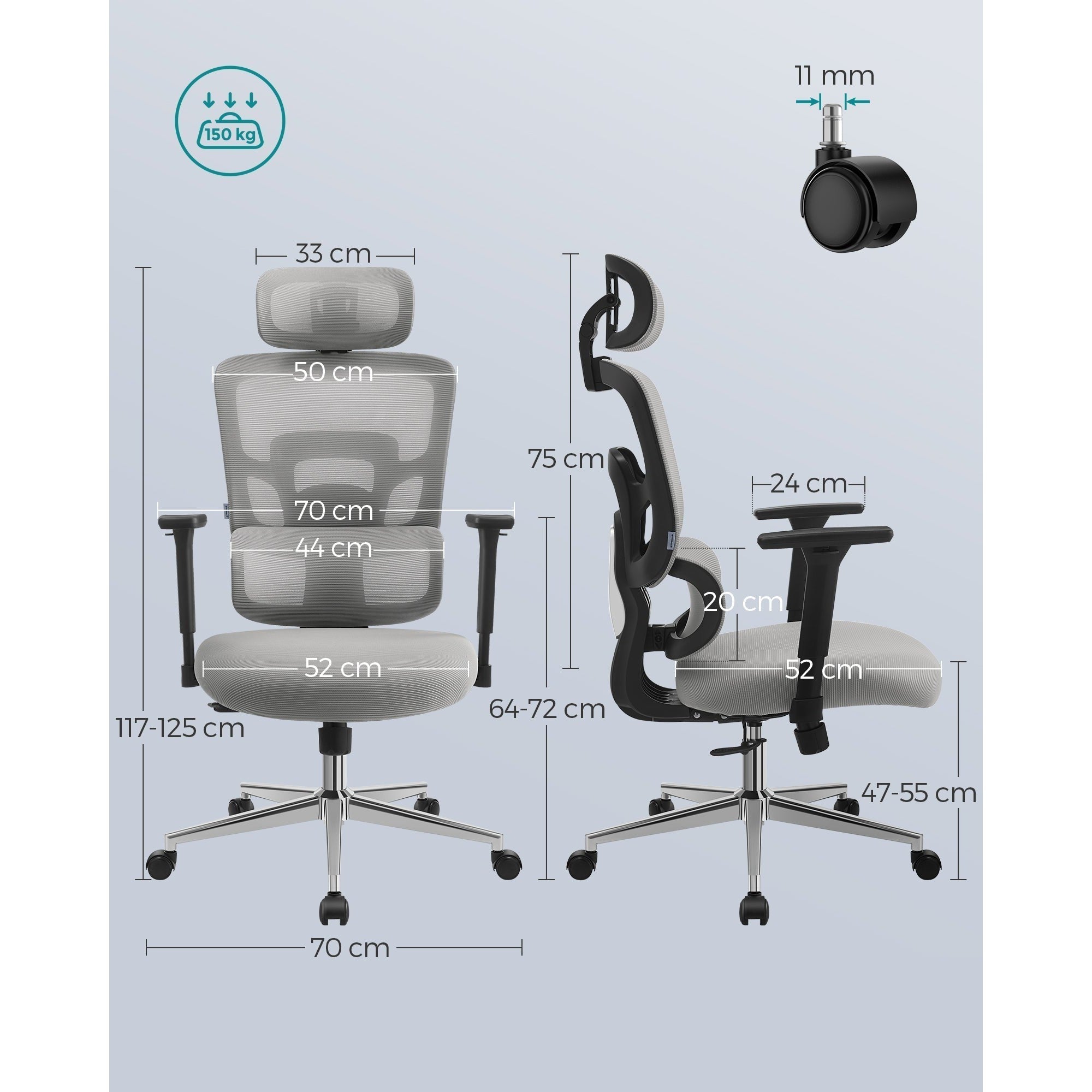 Ergonomikus irodai szék, állítható deréktámasszal, szürke-SONGMICS-Vita Home