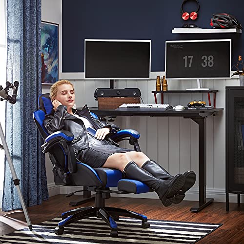 Ergonomikus irodai szék, számítógépes szék, kihúzható lábtartóval, kék-fekete-SONGMICS-Vita Home