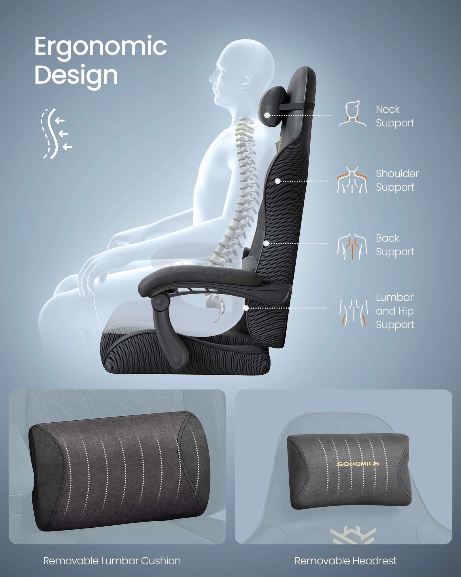 Ergonomska gamerska stolica s naslonom za noge i naslonima za ruke, tintno crna