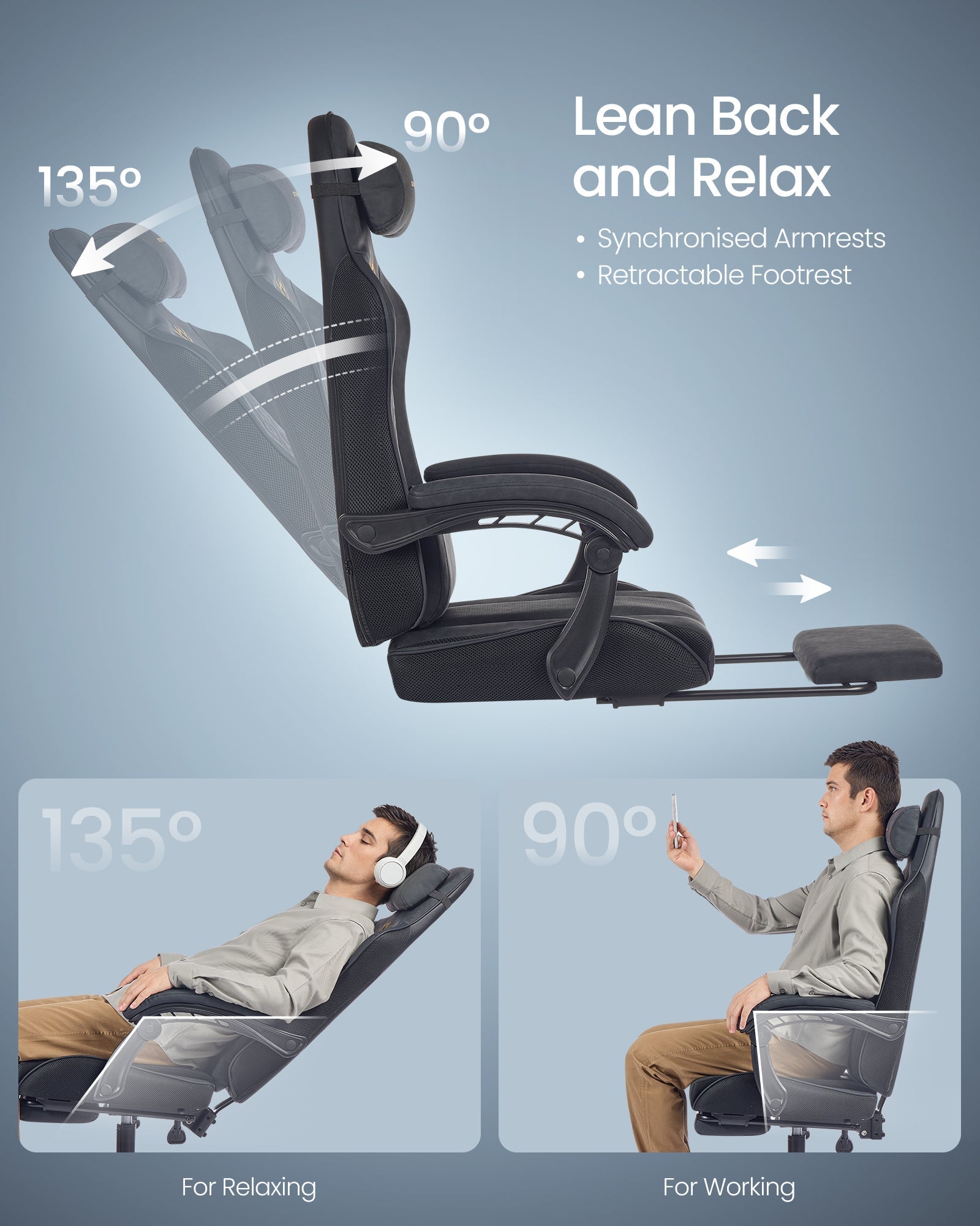 Ergonomska gamerska stolica s naslonom za noge i naslonima za ruke, tintno crna