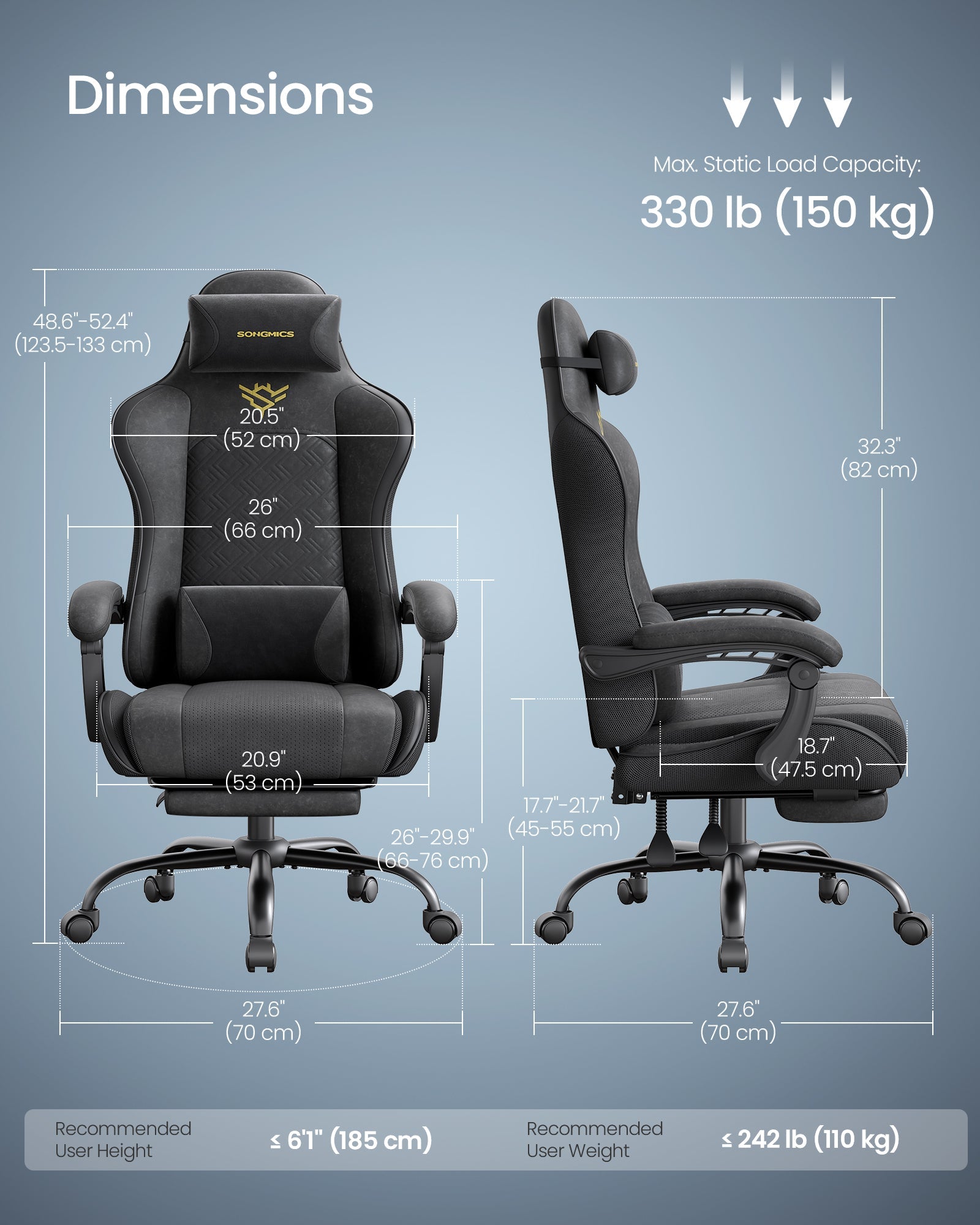 Ergonomska gamerska stolica s naslonom za noge i naslonima za ruke, tintno crna