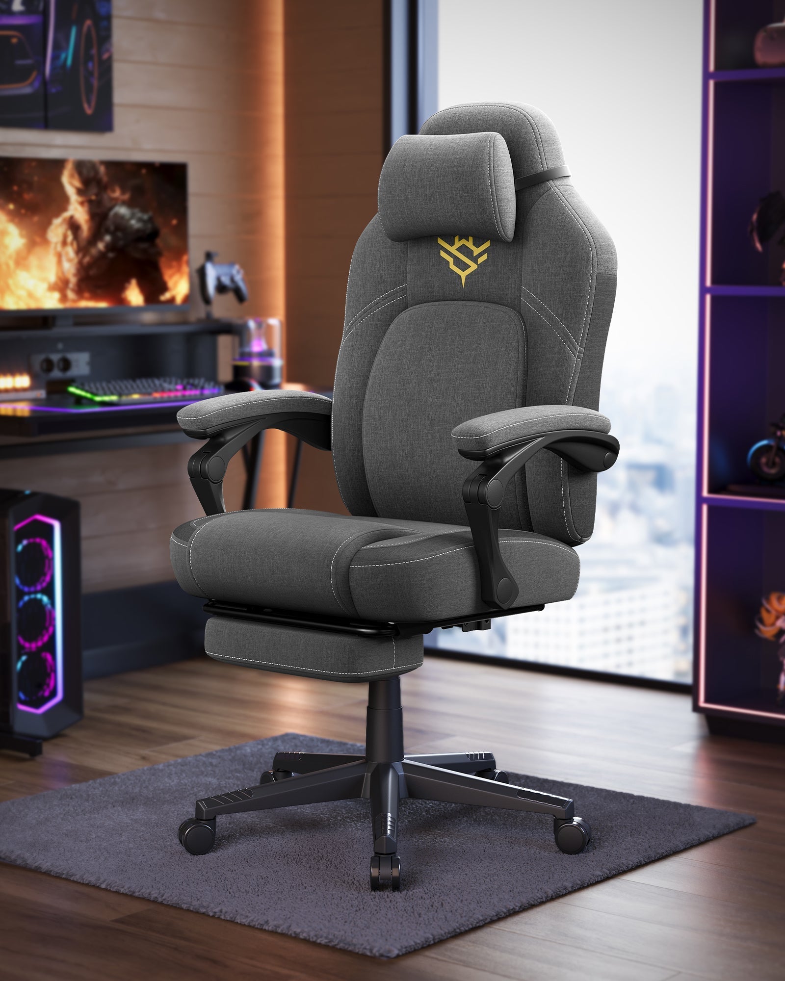 Ergonomska gamerska stolica s naslonom za noge, podesiva, s jastučićem u boji golubije sive