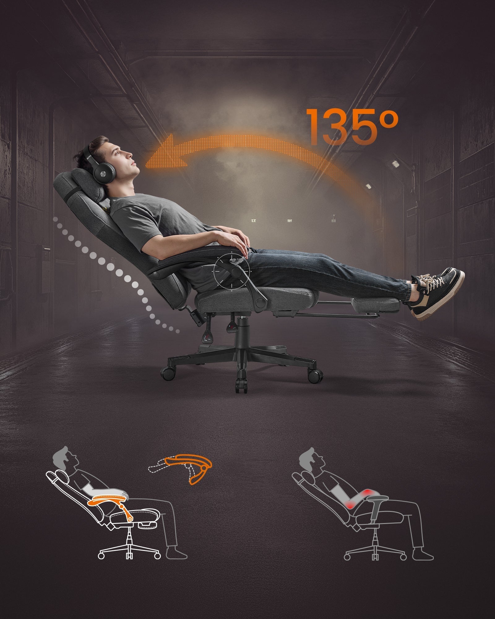 Ergonomska gamerska stolica s naslonom za noge, podesiva, s jastučićem u boji golubije sive