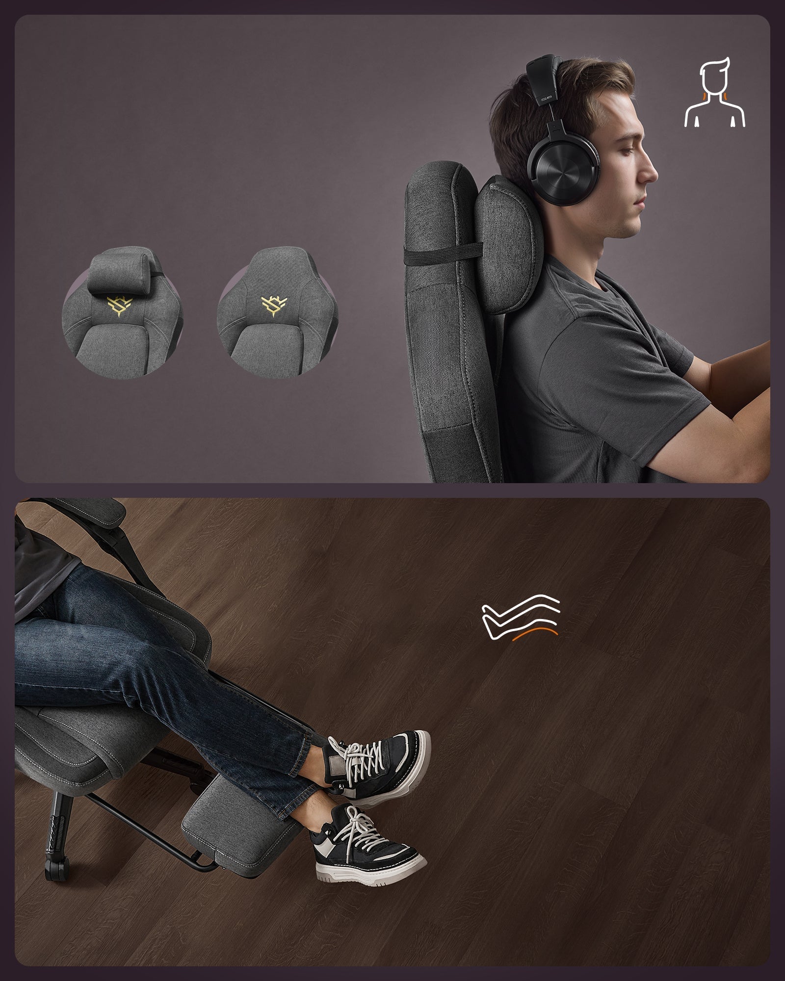 Ergonomska gamerska stolica s naslonom za noge, podesiva, s jastučićem u boji golubije sive