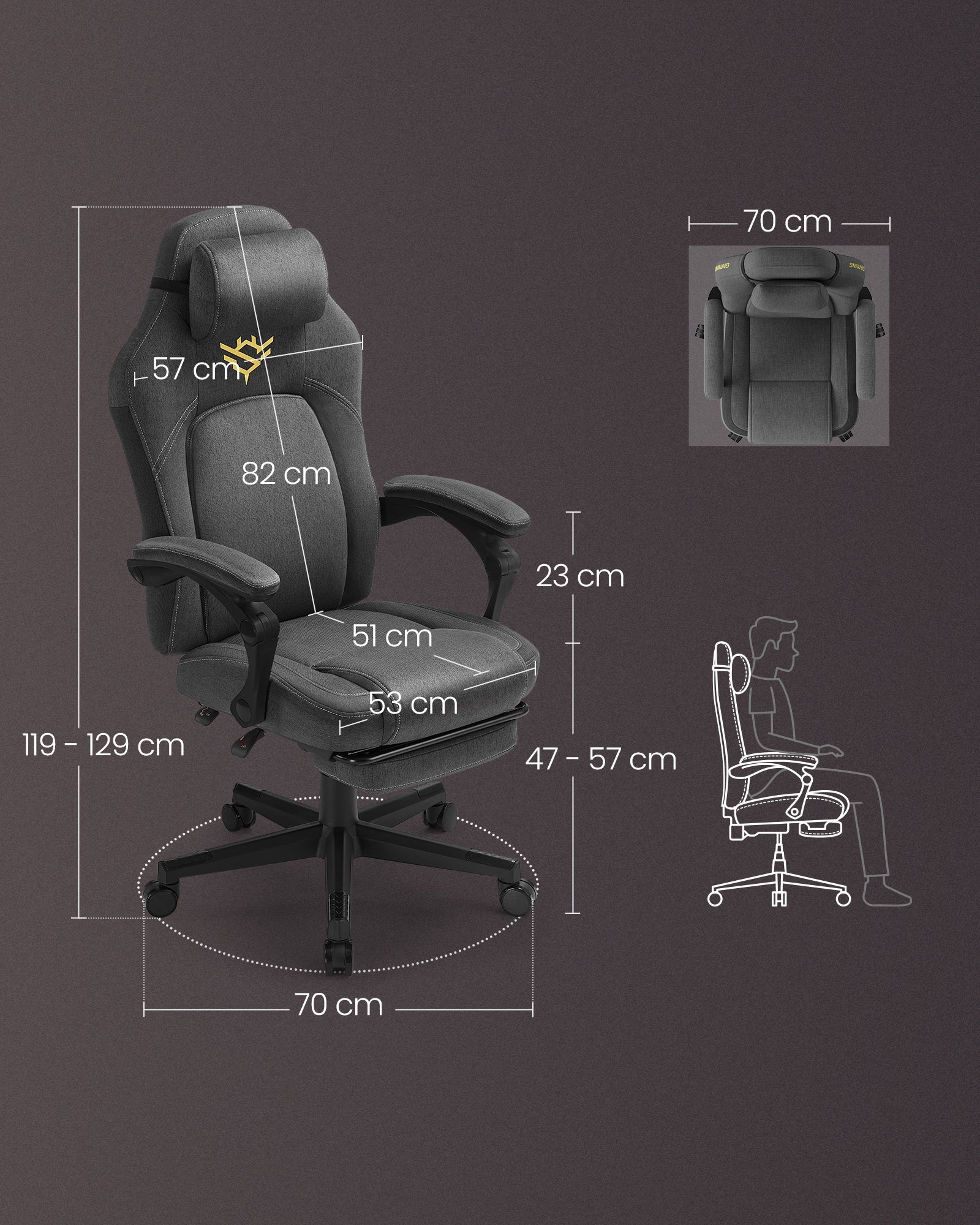 Ergonomska gamerska stolica s naslonom za noge, podesiva, s jastučićem u boji golubije sive
