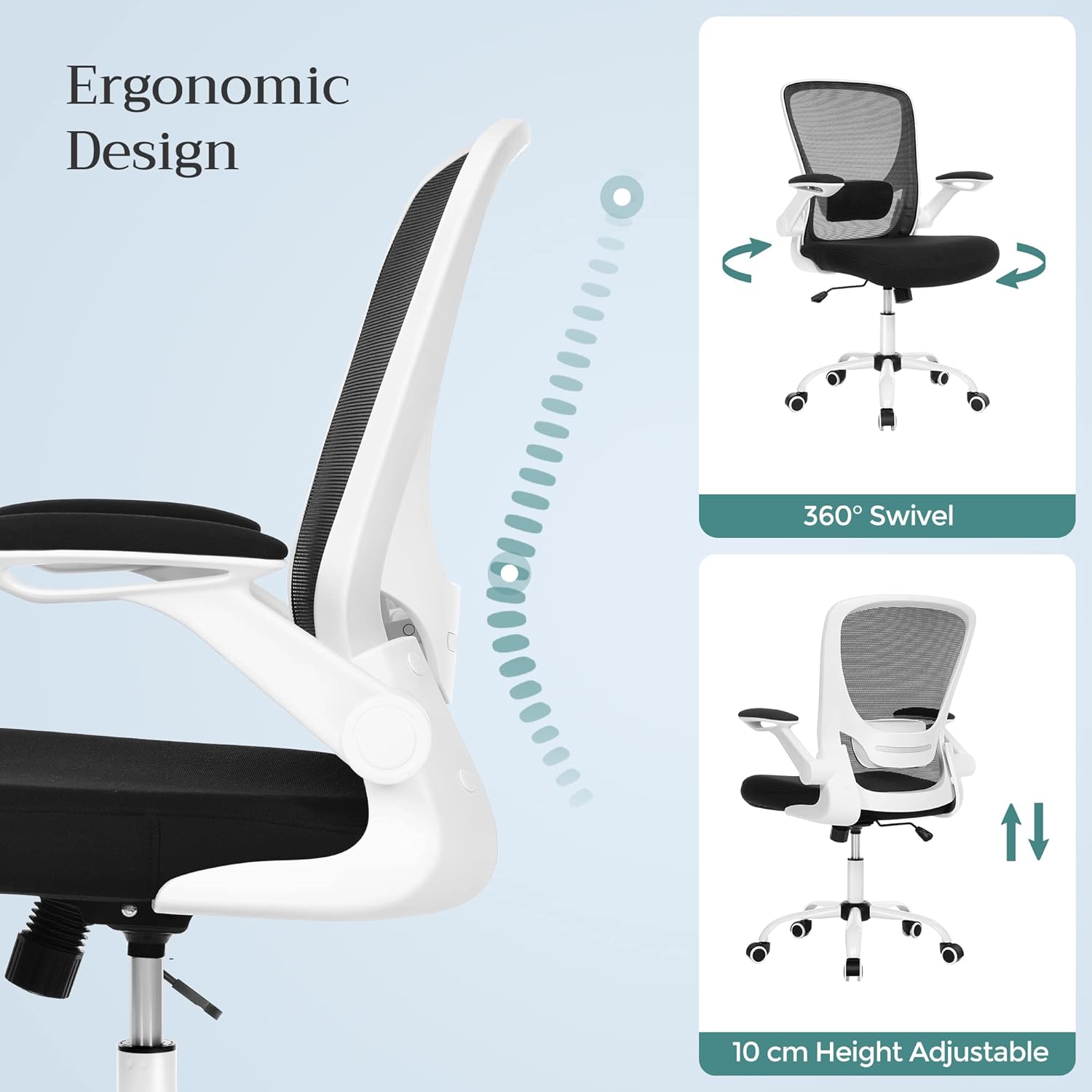 Ergonomska, okretna uredska stolica s mrežastim naslonom, crno-bijela | SONGMICS-vitahome.hr