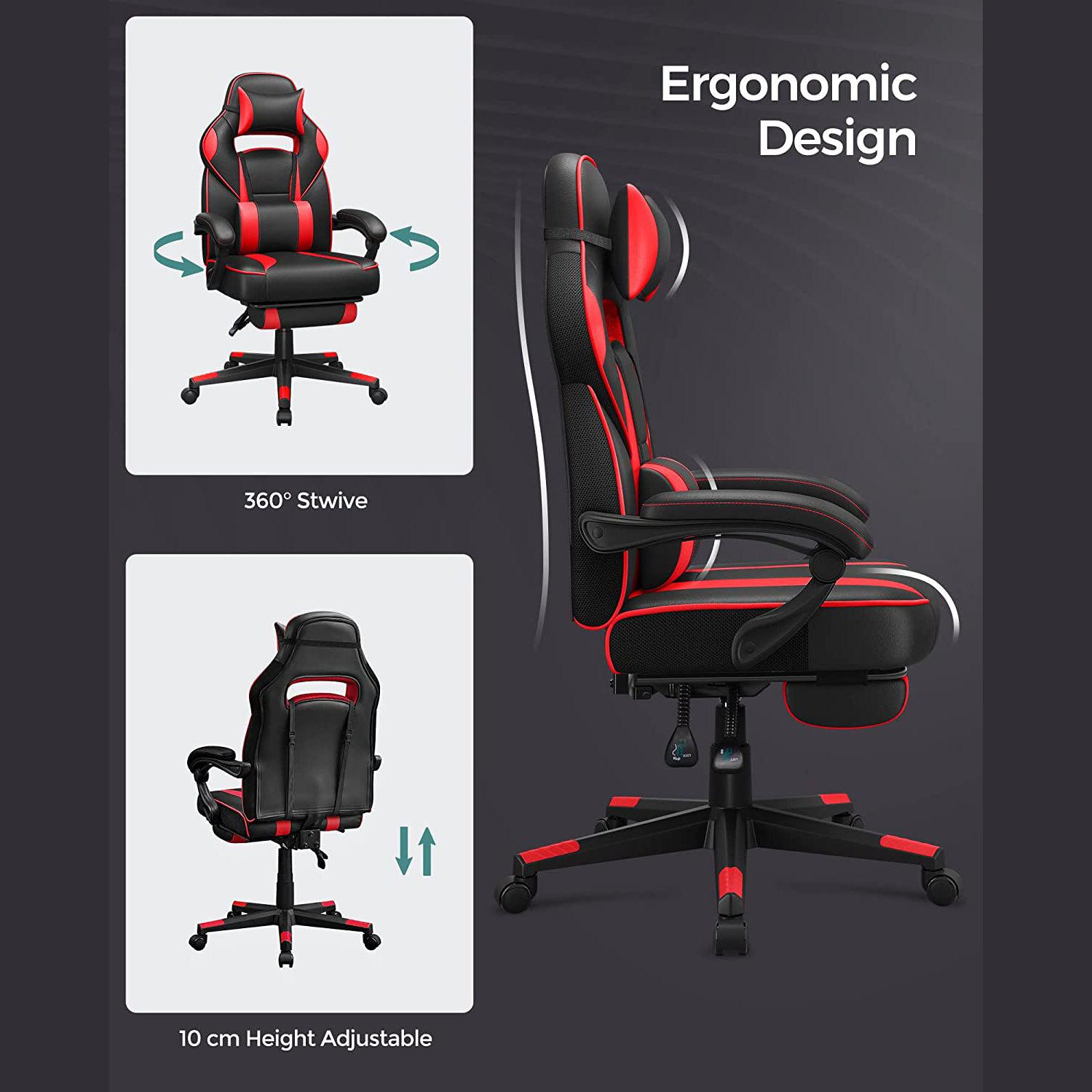 Ergonomska stolica s osloncem za noge i lumbalnim jastukom, crno crvena | SONGMICS-vitahome.hr