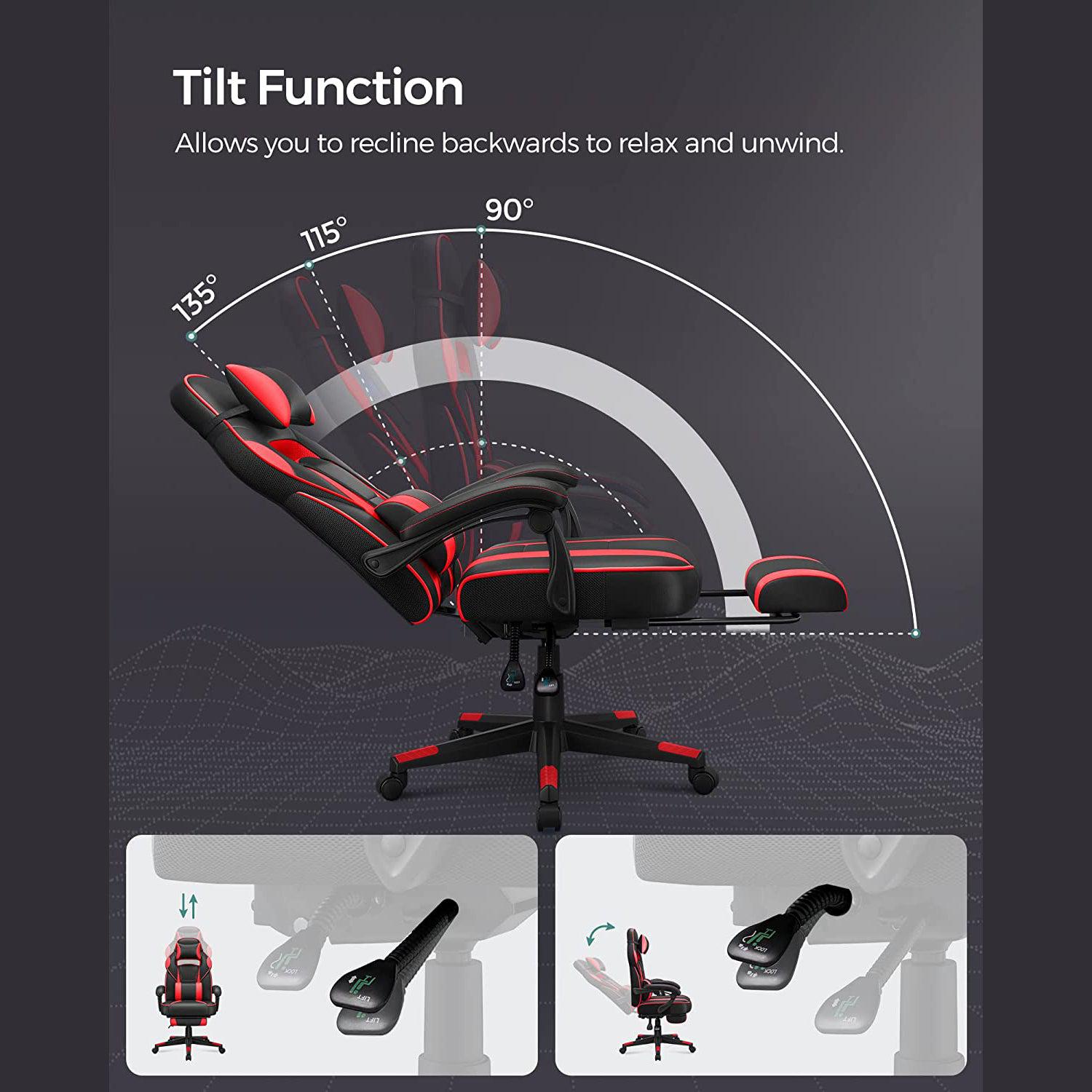Ergonomska stolica s osloncem za noge i lumbalnim jastukom, crno crvena | SONGMICS-vitahome.hr