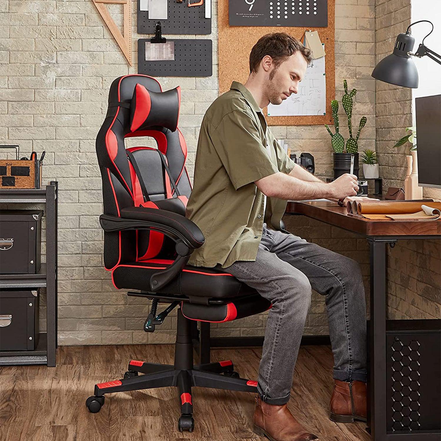 Ergonomska stolica s osloncem za noge i lumbalnim jastukom, crno crvena | SONGMICS-vitahome.hr