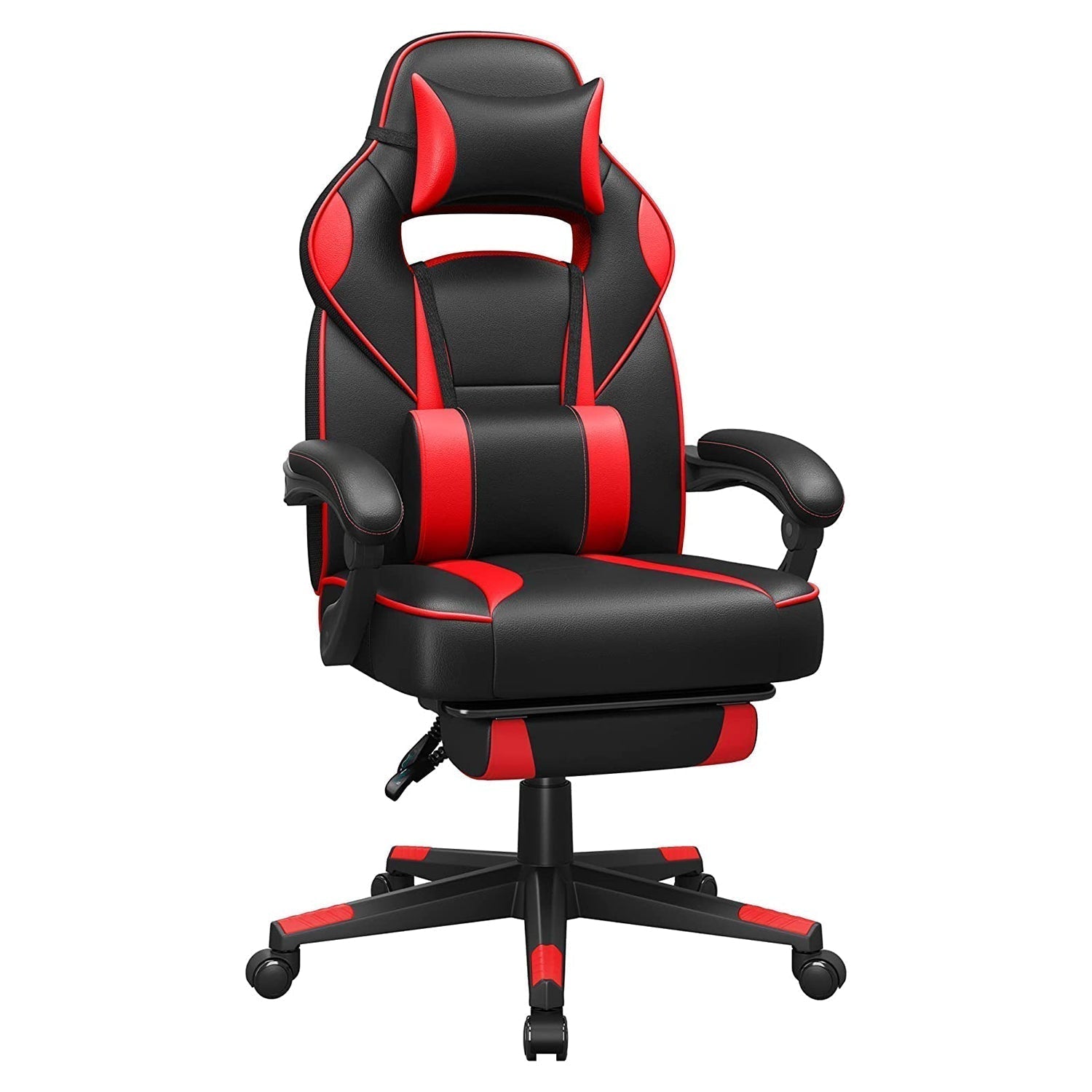 Ergonomska stolica s osloncem za noge i lumbalnim jastukom, crno crvena | SONGMICS-vitahome.hr