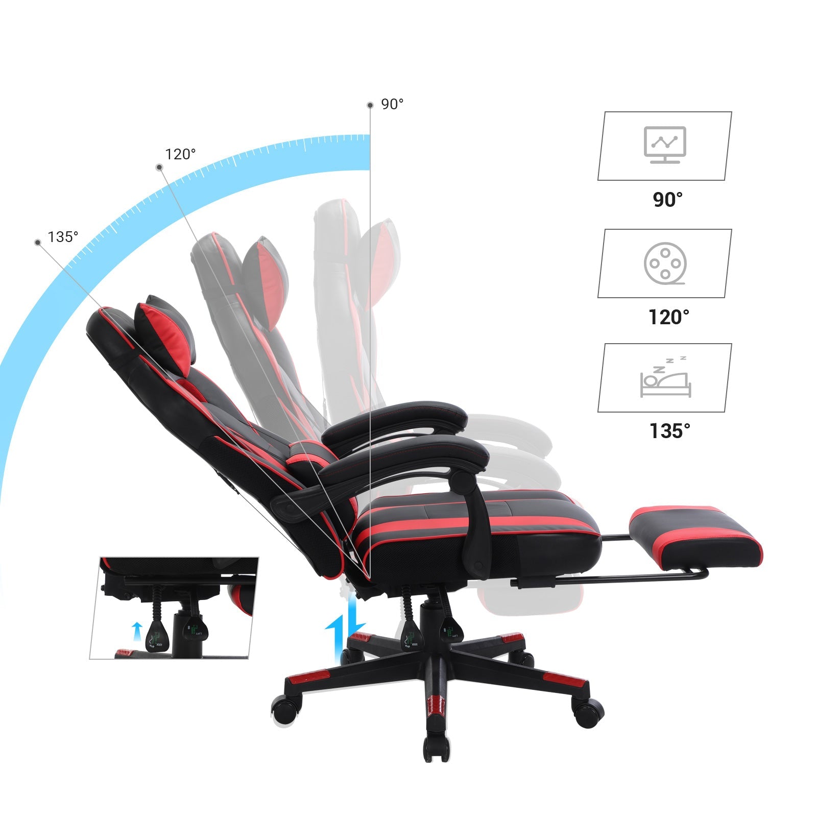 Ergonomska stolica s osloncem za noge i lumbalnim jastukom, crno crvena | SONGMICS-vitahome.hr