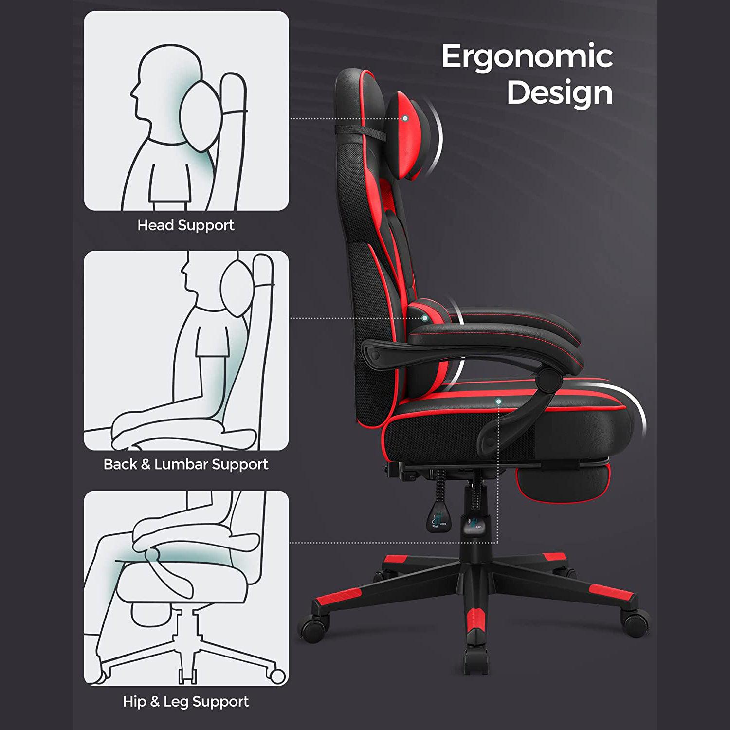 Ergonomska stolica s osloncem za noge i lumbalnim jastukom, crno crvena | SONGMICS-vitahome.hr