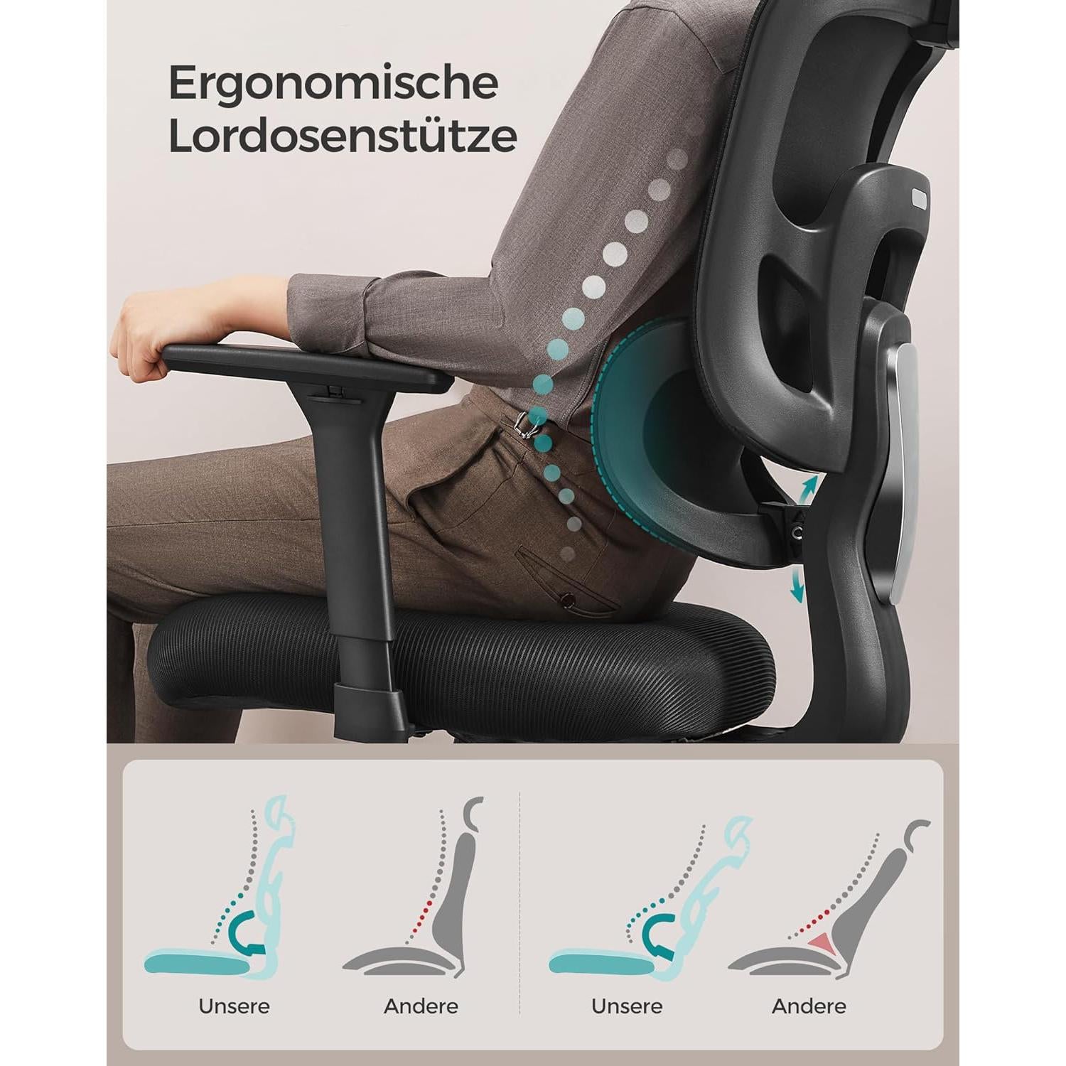 Ergonomska uredska stolica, podesiva lumbalna potpora, crna | SONGMICS-vitahome.hr