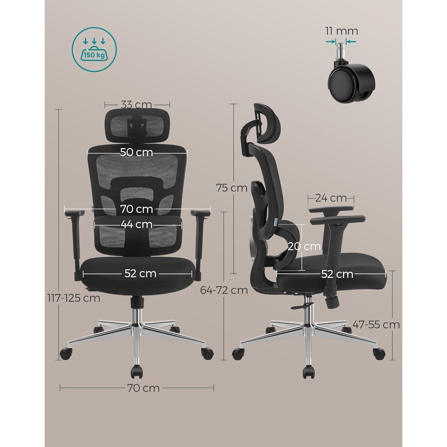 Ergonomska uredska stolica, podesiva lumbalna potpora, crna | SONGMICS-vitahome.hr