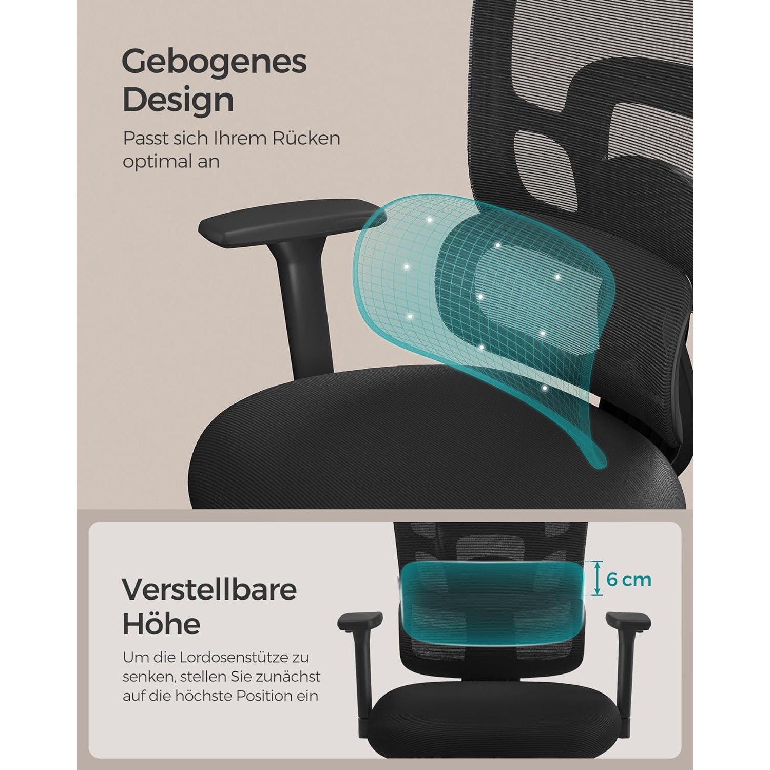 Ergonomska uredska stolica, podesiva lumbalna potpora, crna | SONGMICS-vitahome.hr