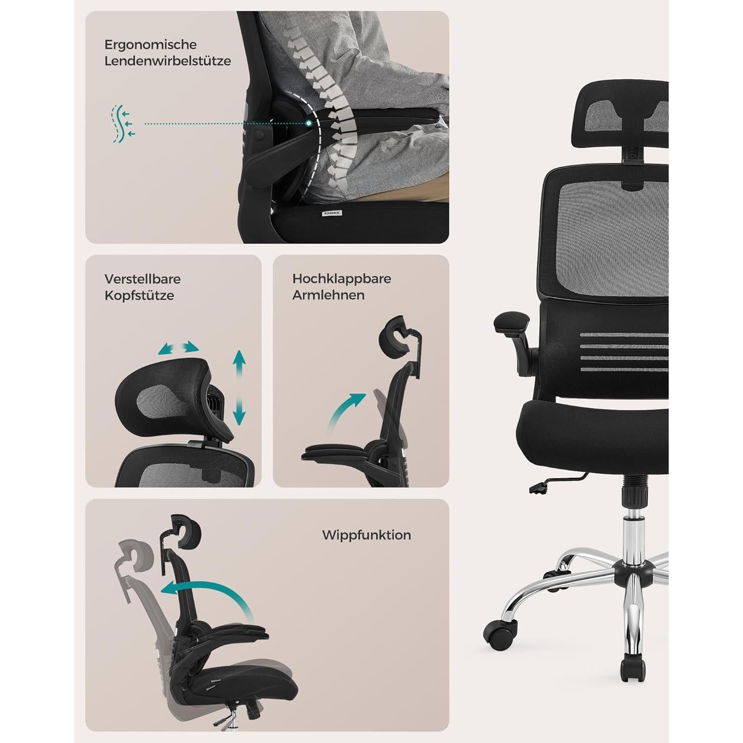 Ergonomska uredska stolica s lumbalnom podrškom i naslonom za glavu, crna | SONGMICS-vitahome.hr