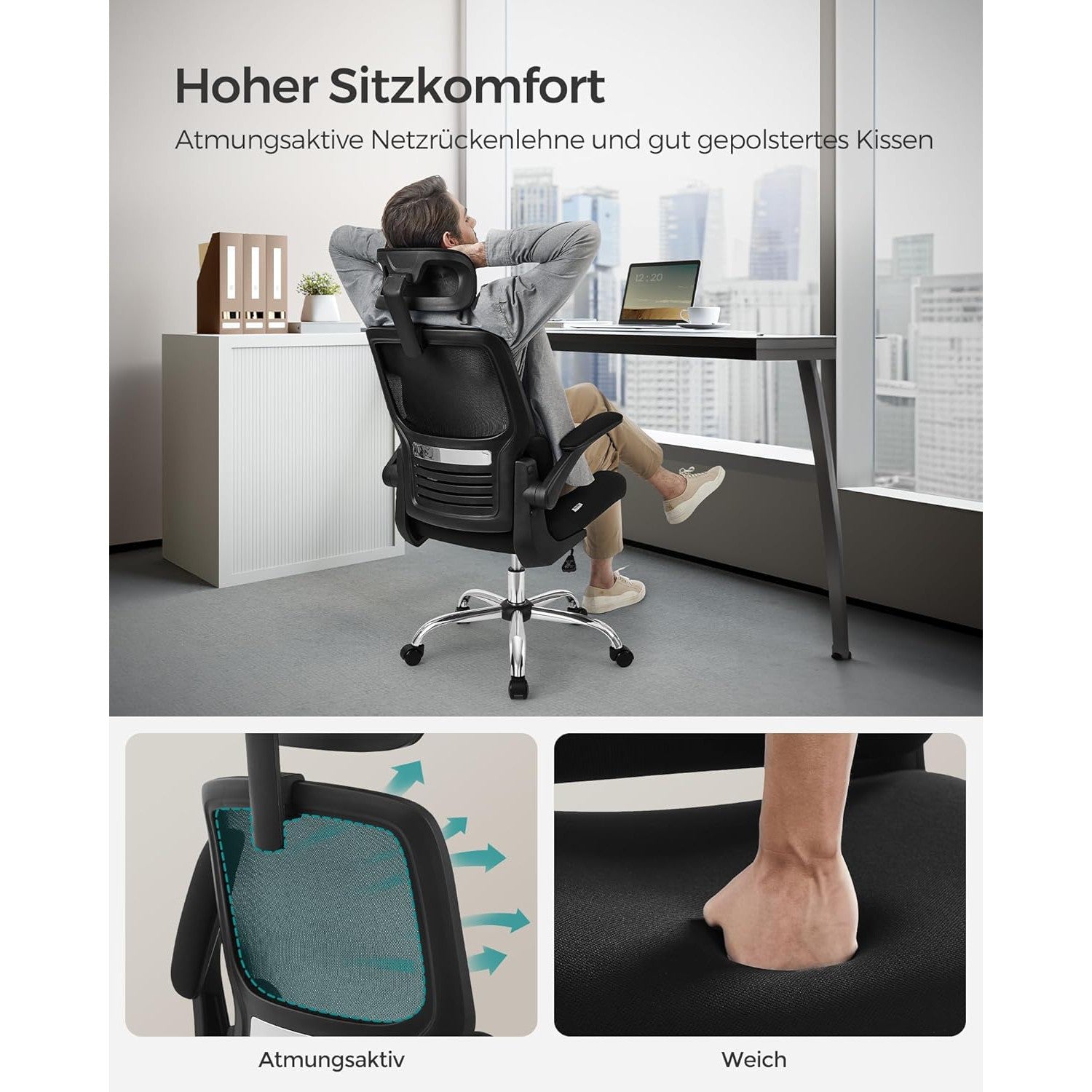 Ergonomska uredska stolica s lumbalnom podrškom i naslonom za glavu, crna | SONGMICS-vitahome.hr