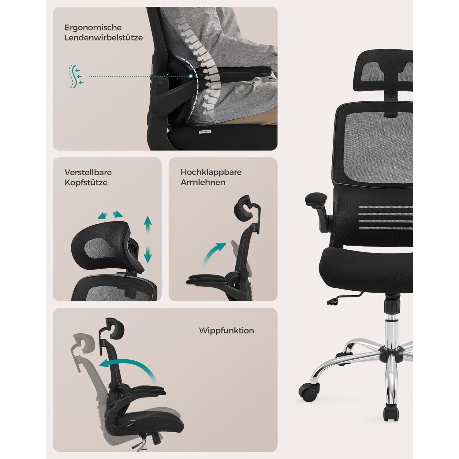 Ergonomska uredska stolica s lumbalnom podrškom i naslonom za glavu, crna | SONGMICS-vitahome.hr