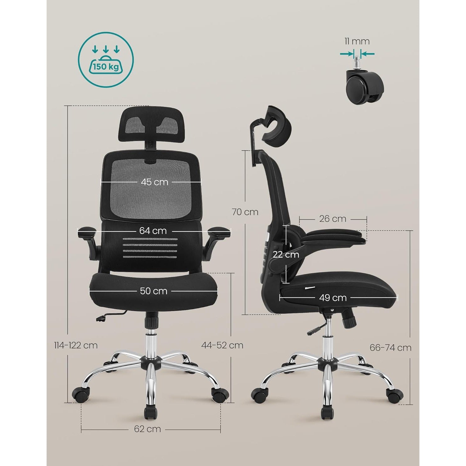Ergonomska uredska stolica s lumbalnom podrškom i naslonom za glavu, crna | SONGMICS-vitahome.hr