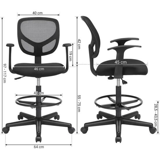Ergonomska uredska stolica s naslonima za ruke, visina sjedala 55-75 cm, crna | SONGMICS-vitahome.hr