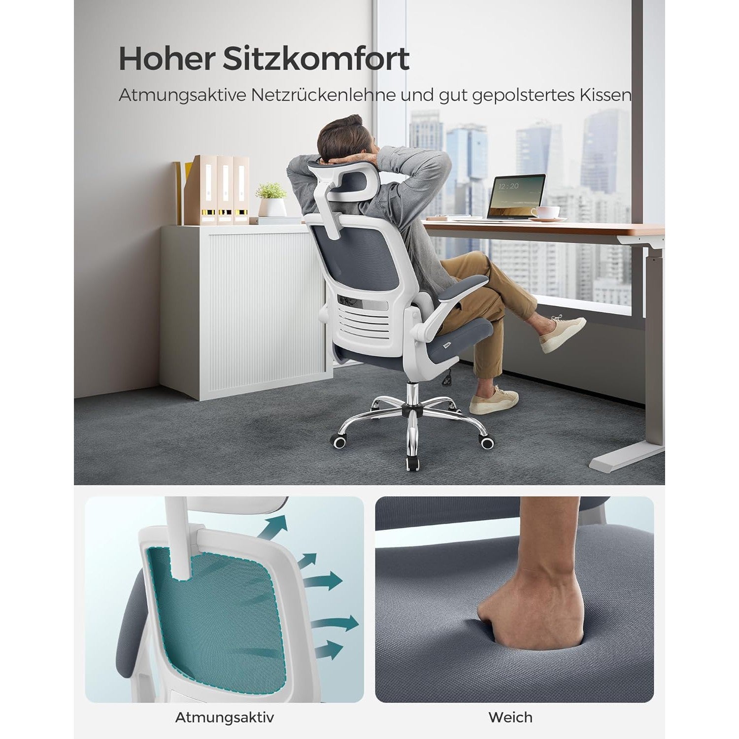 Ergonomska uredska stolica s podesivim naslonima za leđa, ruke i glavu, siva | SONGMICS-vitahome.hr