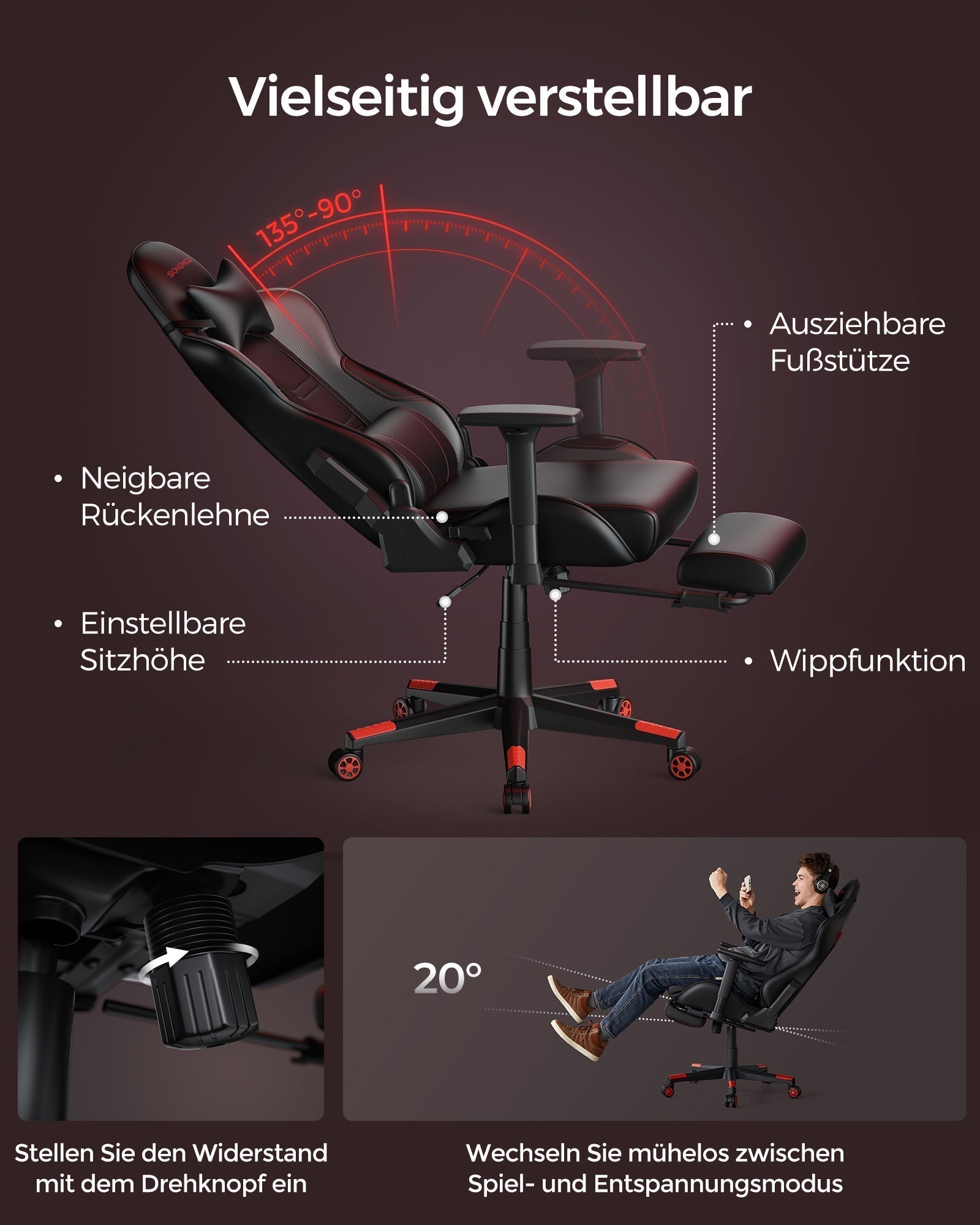 Ergonomska uredska stolica s visokom naslonom, s podnožjem i potporom za leđa, crna/crvena