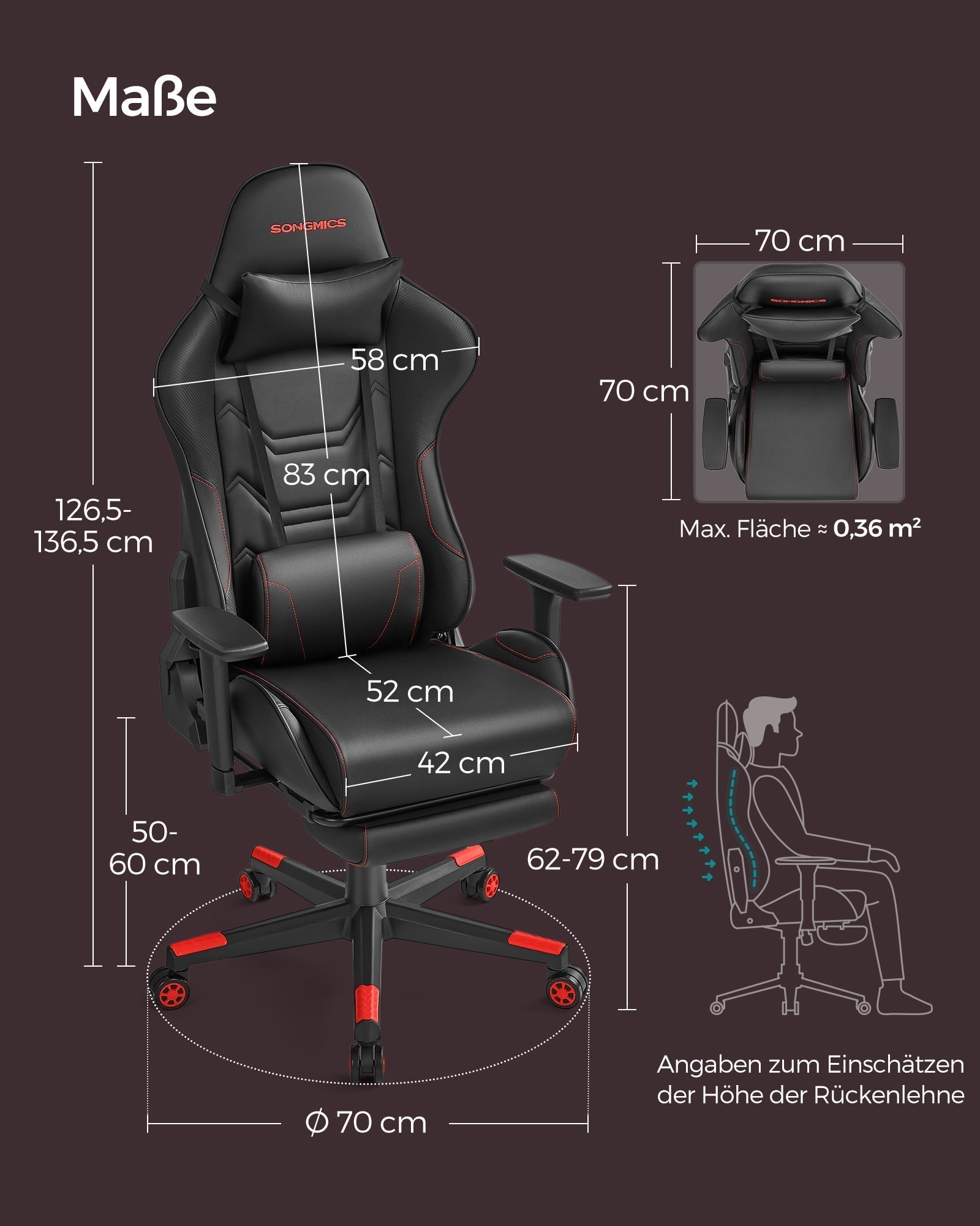 Ergonomska uredska stolica s visokom naslonom, s podnožjem i potporom za leđa, crna/crvena