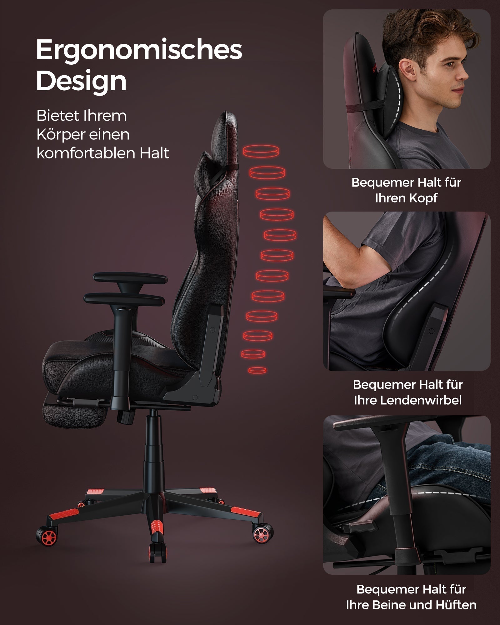 Ergonomska uredska stolica s visokom naslonom, s podnožjem i potporom za leđa, crna/crvena