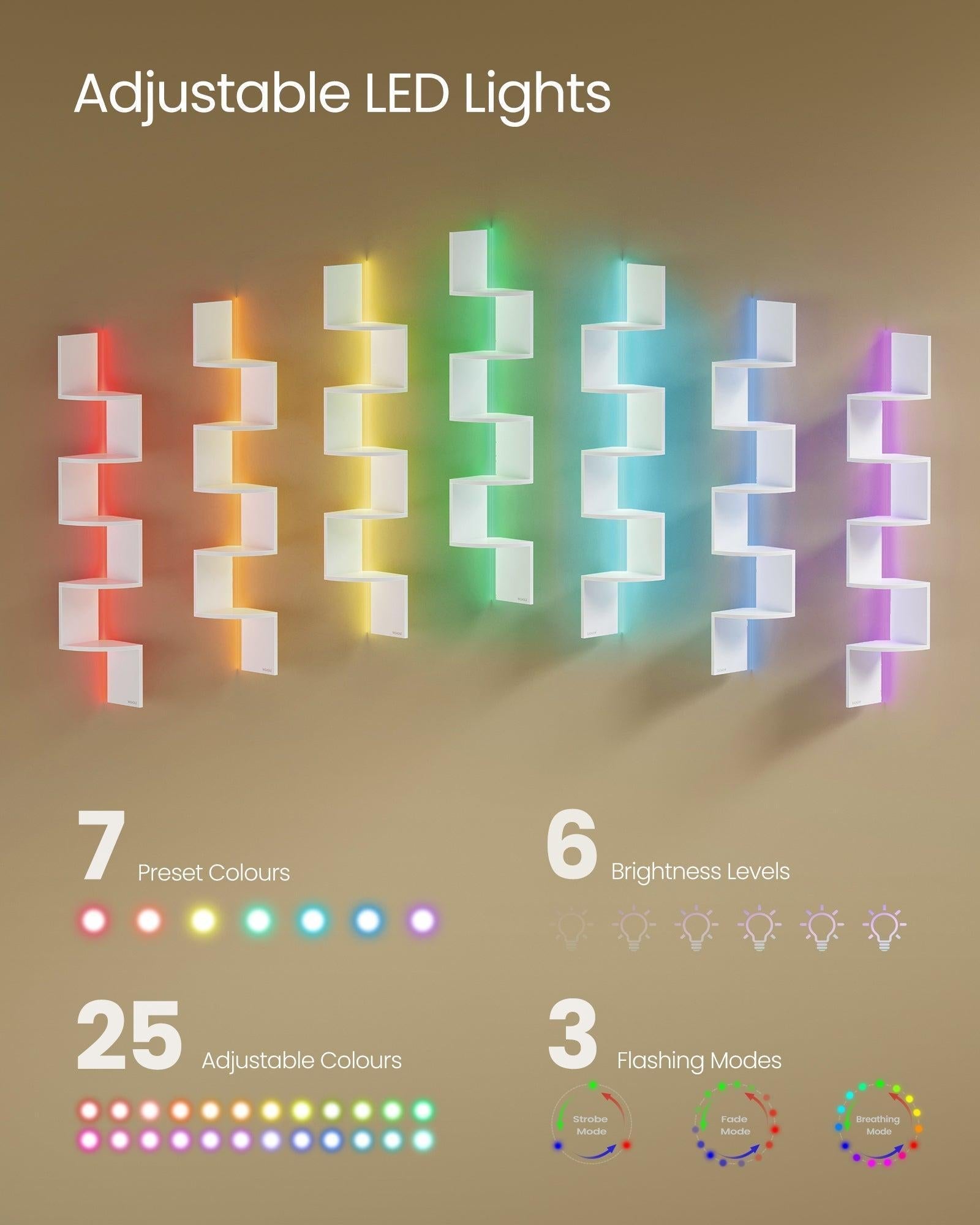 Finski kutni polic s RGB LED osvjetljenjem, 5 etaža, mat bijele boje