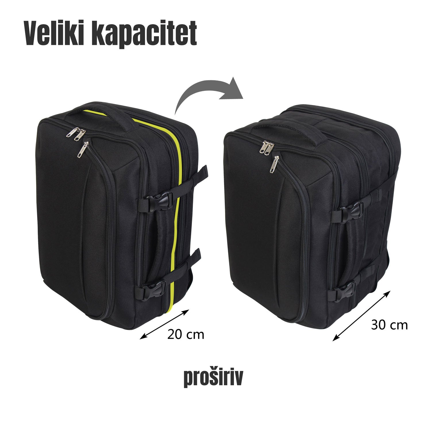 FlexiGo proširivi putni ruksak, ručna prtljaga WizzAir veličine 40x30x20 cm, crni | BONTOUR-vitahome.hr