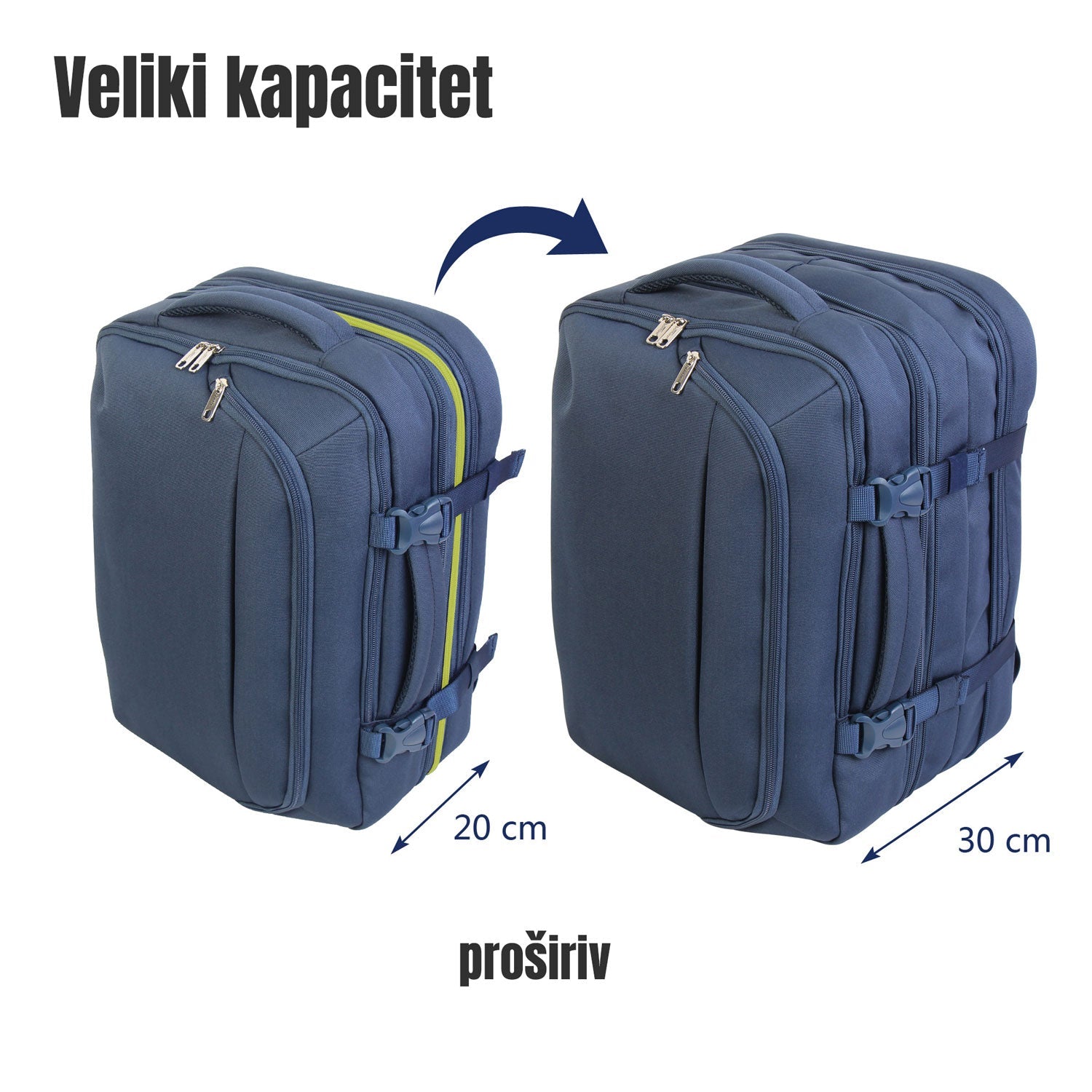 FlexiGo proširivi putni ruksak, ručna prtljaga WizzAir veličine 40x30x20 cm, plavi | BONTOUR-vitahome.hr
