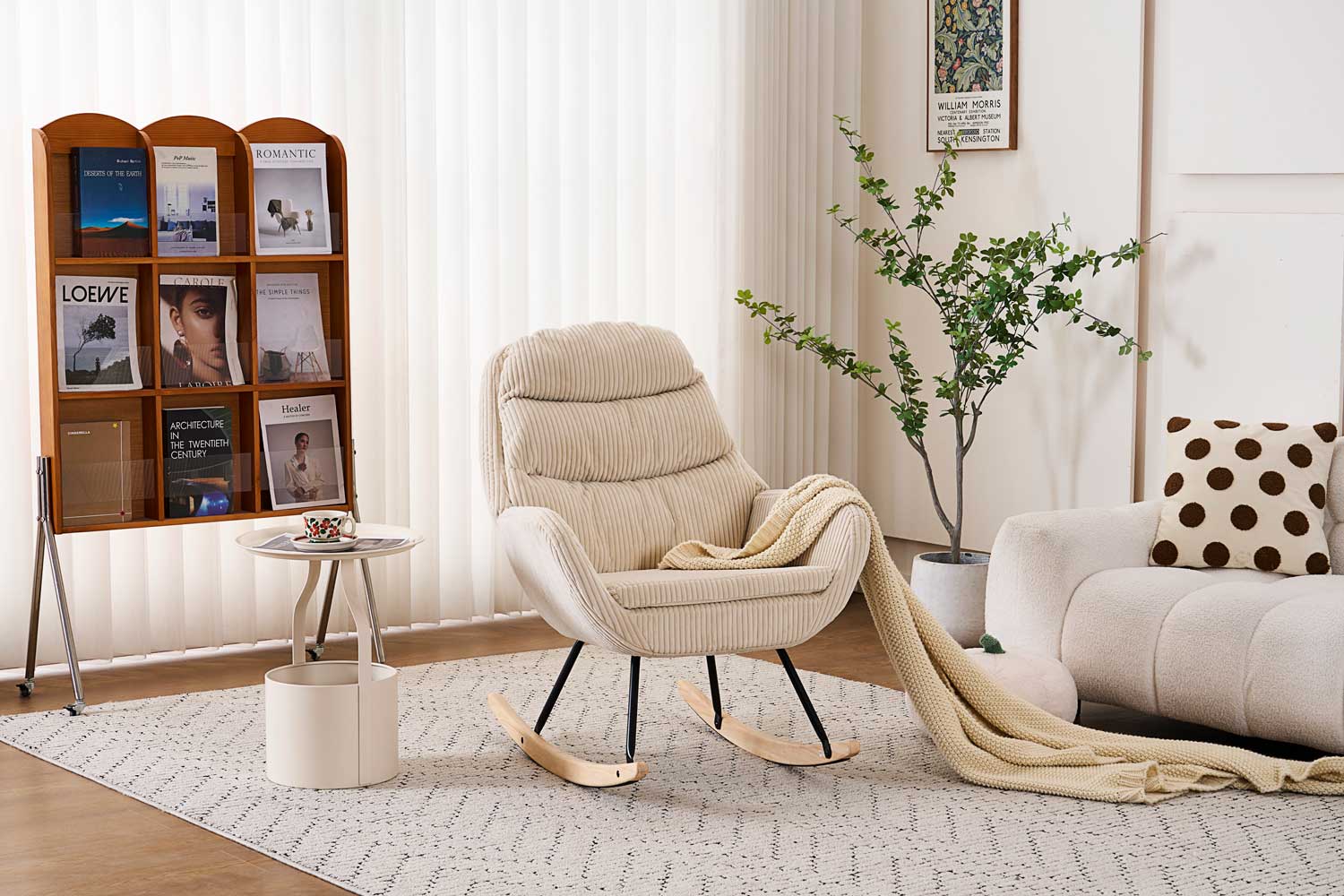 Fotelja za ljuljanje s presvlakom od rebrastog pliša, 96x74x94 cm, krem-bež | VASHOME-vitahome.hr