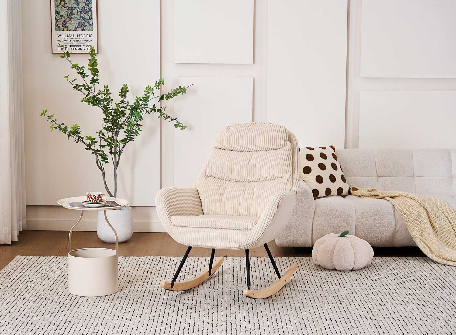 Fotelja za ljuljanje s presvlakom od rebrastog pliša, 96x74x94 cm, krem-bež | VASHOME-vitahome.hr