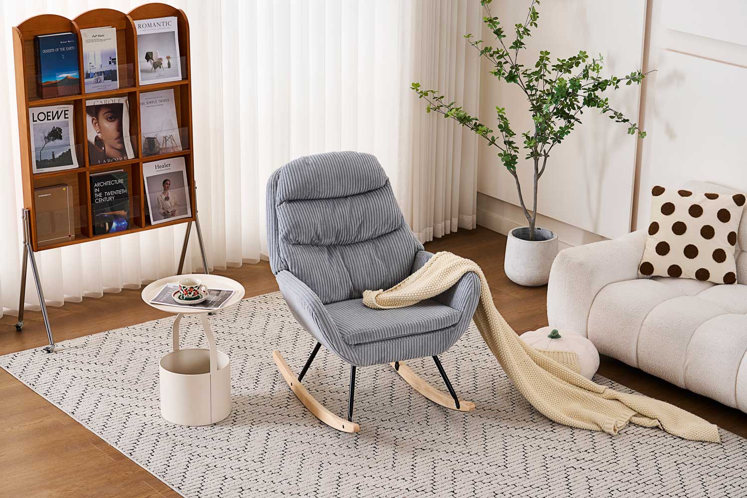 Fotelja za ljuljanje s presvlakom od rebrastog pliša, 96x74x94 cm, siva | VASHOME-vitahome.hr