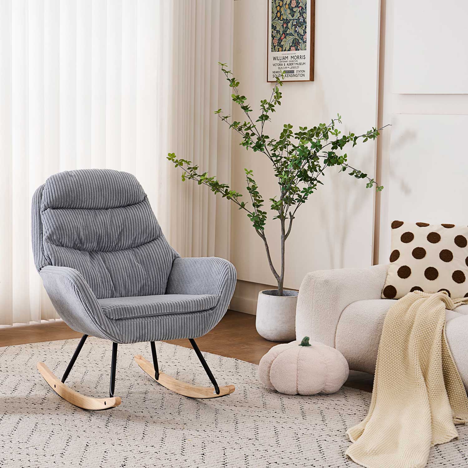 Fotelja za ljuljanje s presvlakom od rebrastog pliša, 96x74x94 cm, siva | VASHOME-vitahome.hr