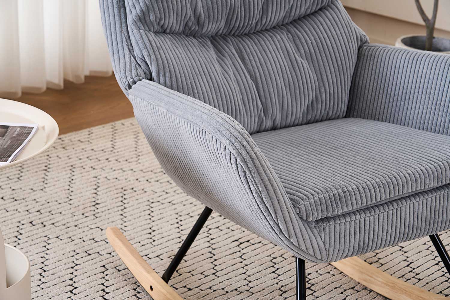 Fotelja za ljuljanje s presvlakom od rebrastog pliša, 96x74x94 cm, siva | VASHOME-vitahome.hr