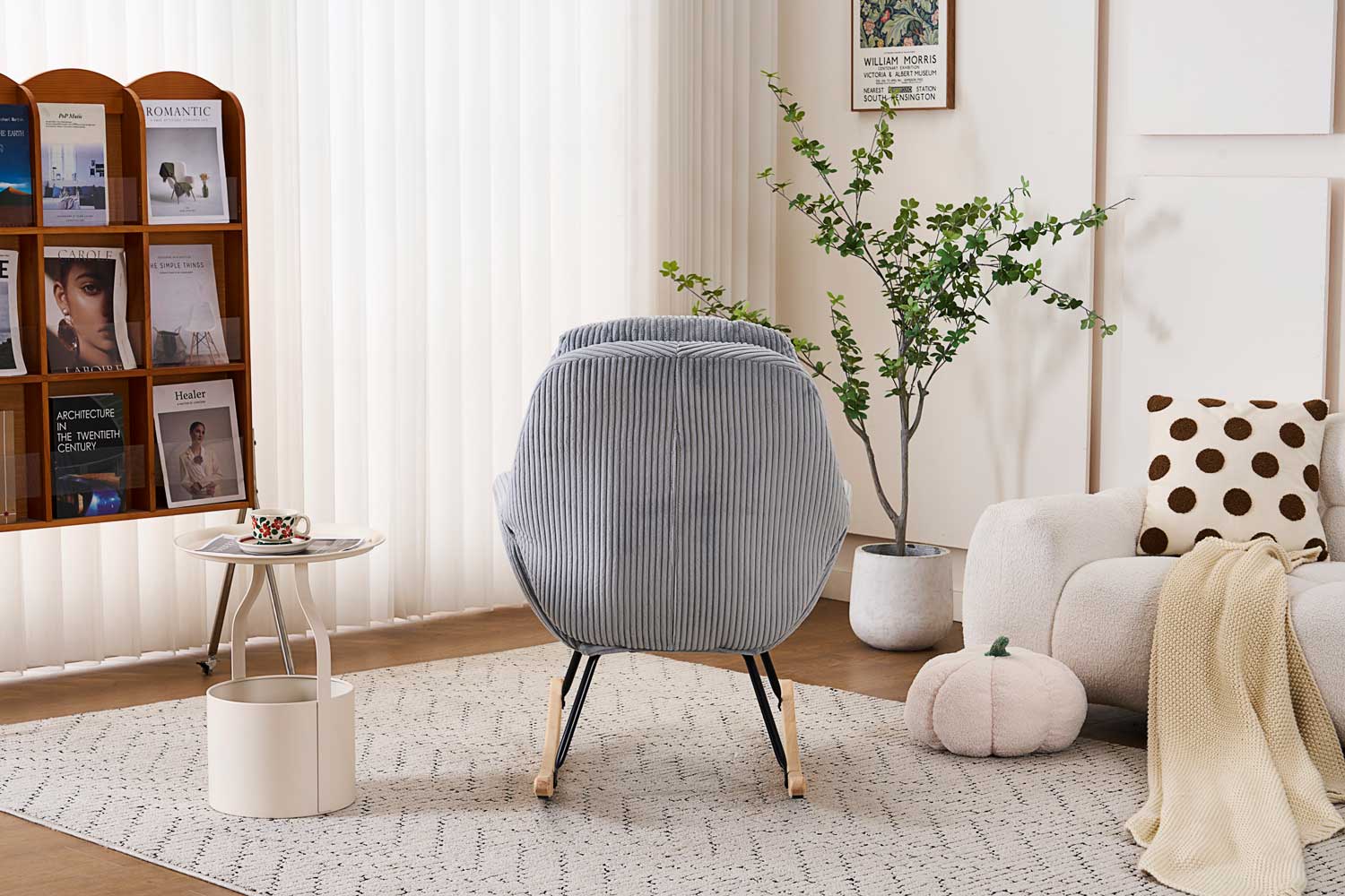 Fotelja za ljuljanje s presvlakom od rebrastog pliša, 96x74x94 cm, siva | VASHOME-vitahome.hr