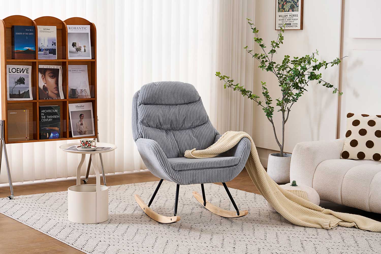 Fotelja za ljuljanje s presvlakom od rebrastog pliša, 96x74x94 cm, siva | VASHOME-vitahome.hr