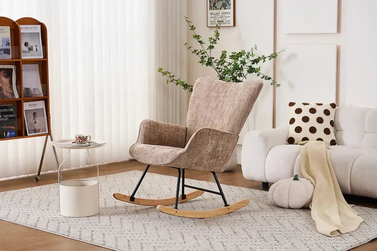 Fotelja za ljuljanje s presvlakom od rebrastog pliša, 98x71x101 cm, bež-khaki | VASHOME-vitahome.hr