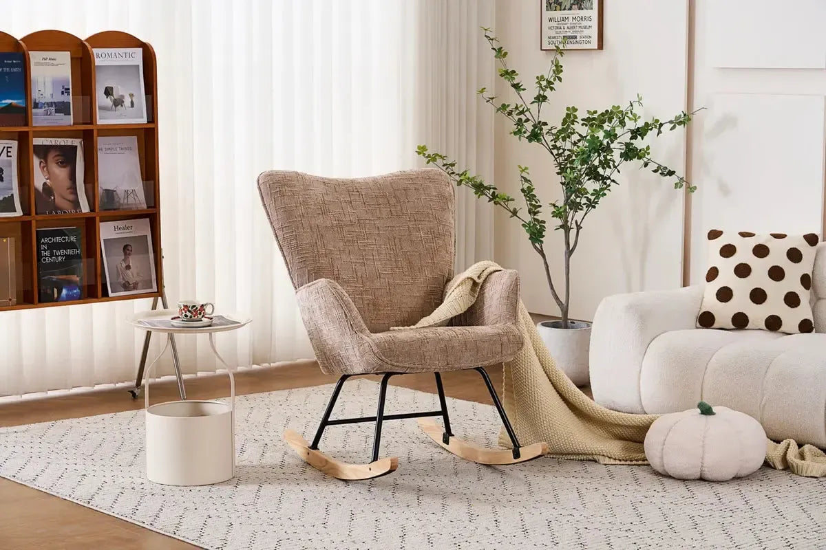 Fotelja za ljuljanje s presvlakom od rebrastog pliša, 98x71x101 cm, bež-khaki | VASHOME-vitahome.hr