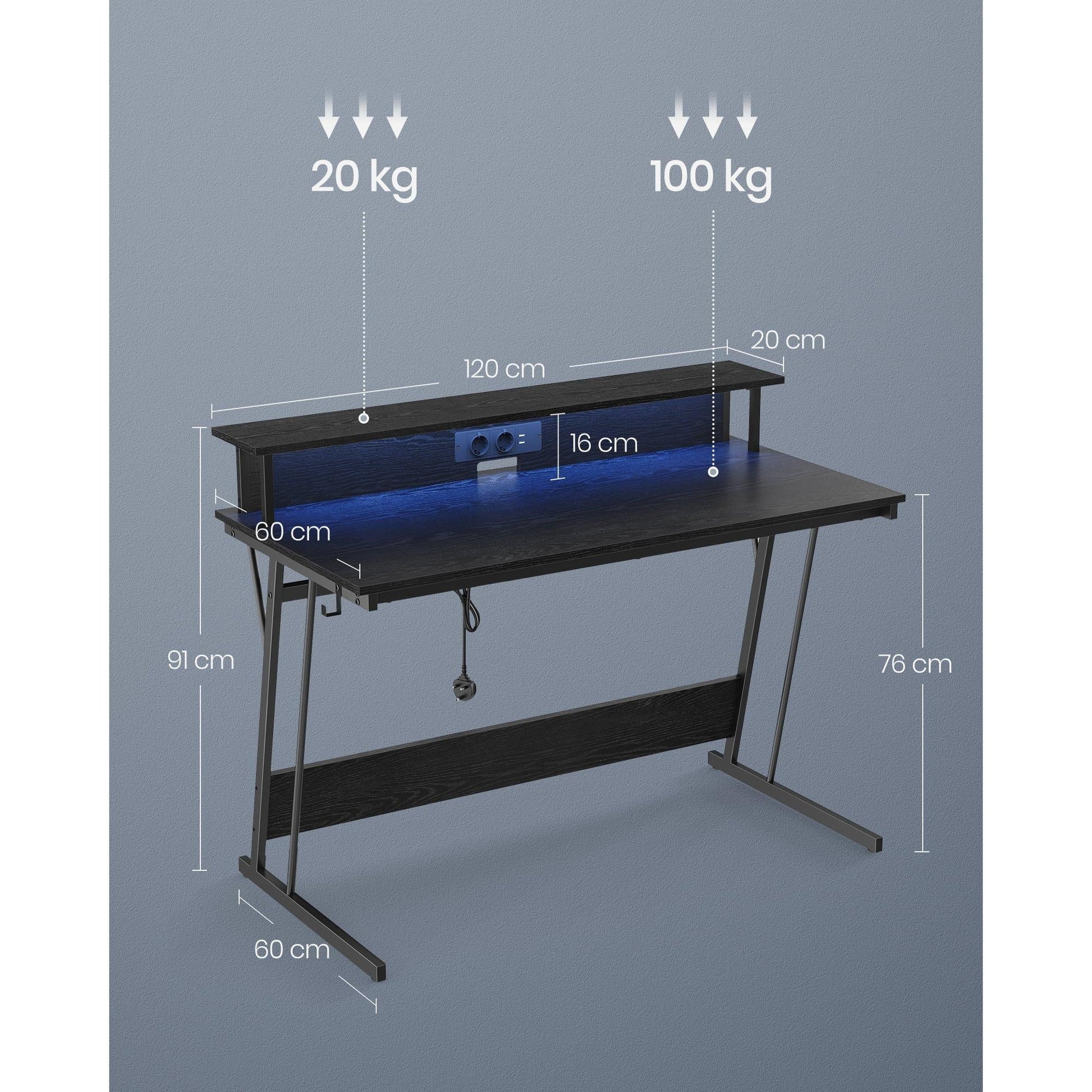 Gaming stol s LED osvjetljenjem i ugrađenom utičnicom, 60 x 120 x 76 cm, crnI | VASAGLE-vitahome.hr