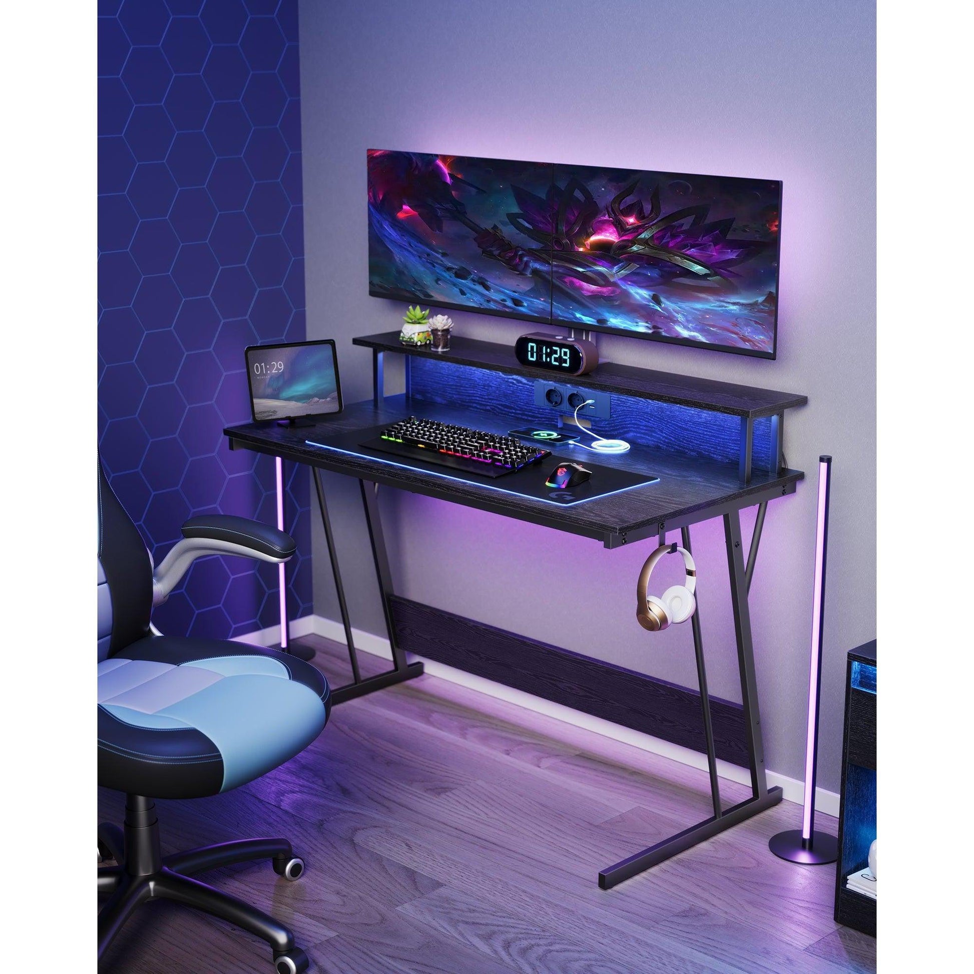 Gaming stol s LED osvjetljenjem i ugrađenom utičnicom, 60 x 120 x 76 cm, crnI | VASAGLE-vitahome.hr