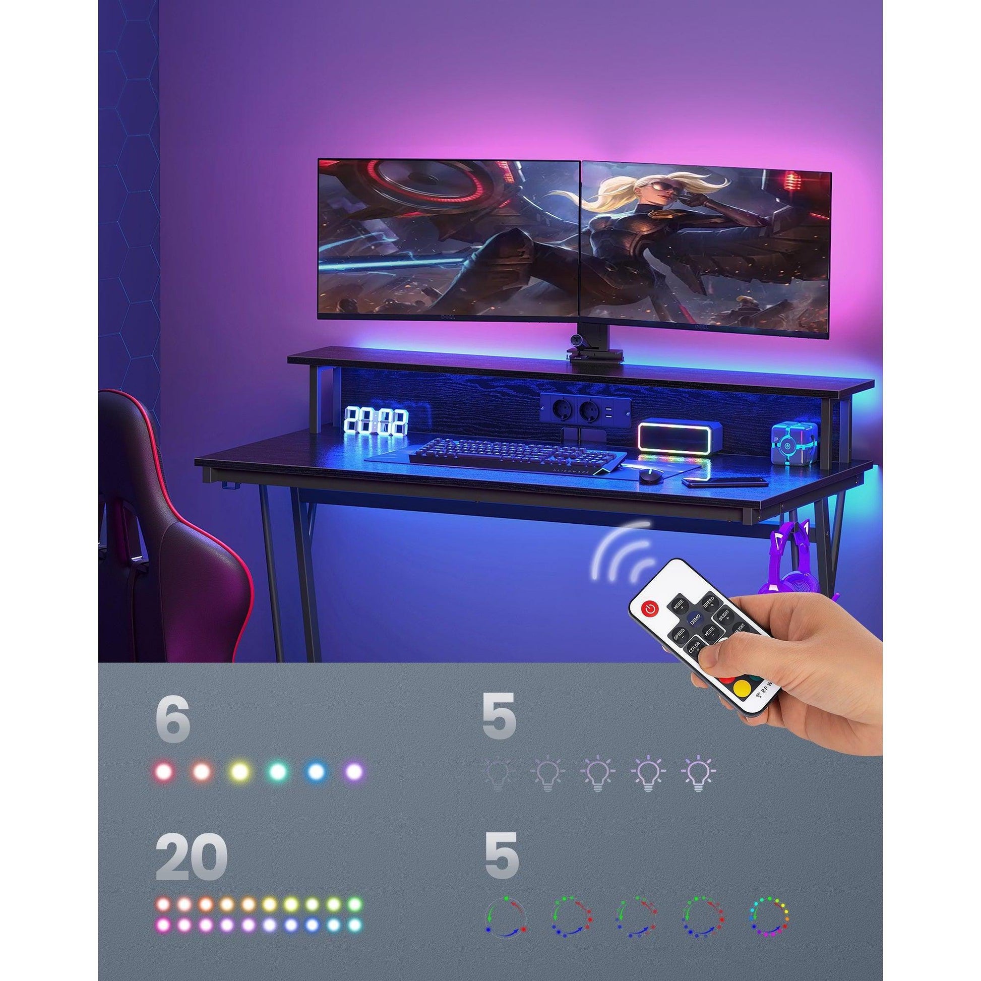 Gaming stol s LED osvjetljenjem i ugrađenom utičnicom, 60 x 120 x 76 cm, crnI | VASAGLE-vitahome.hr